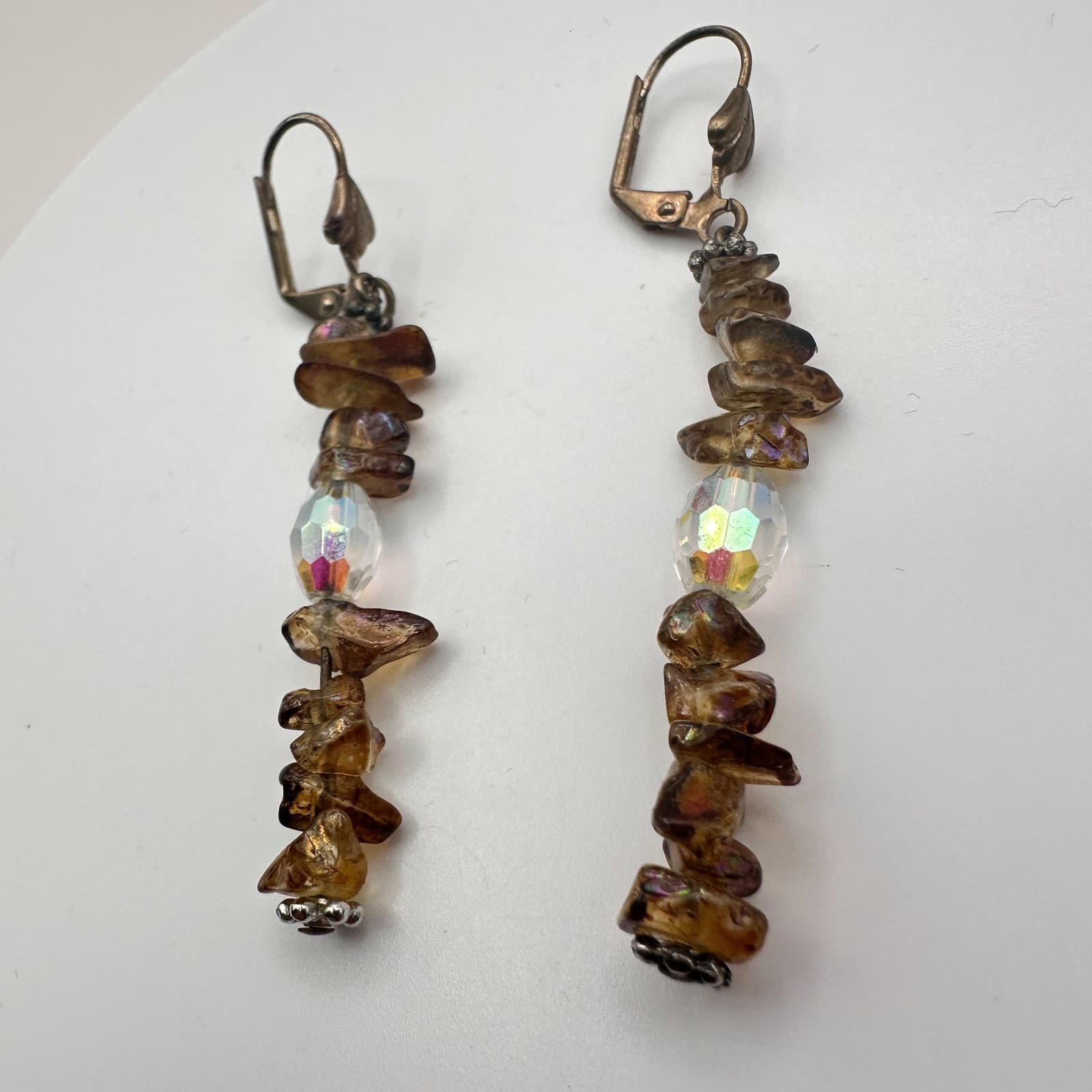 Vintage 80s Smoky Brown Gemstone Chip Earrings Faceted Lever back Drop Jewelry - Thumbnail 5