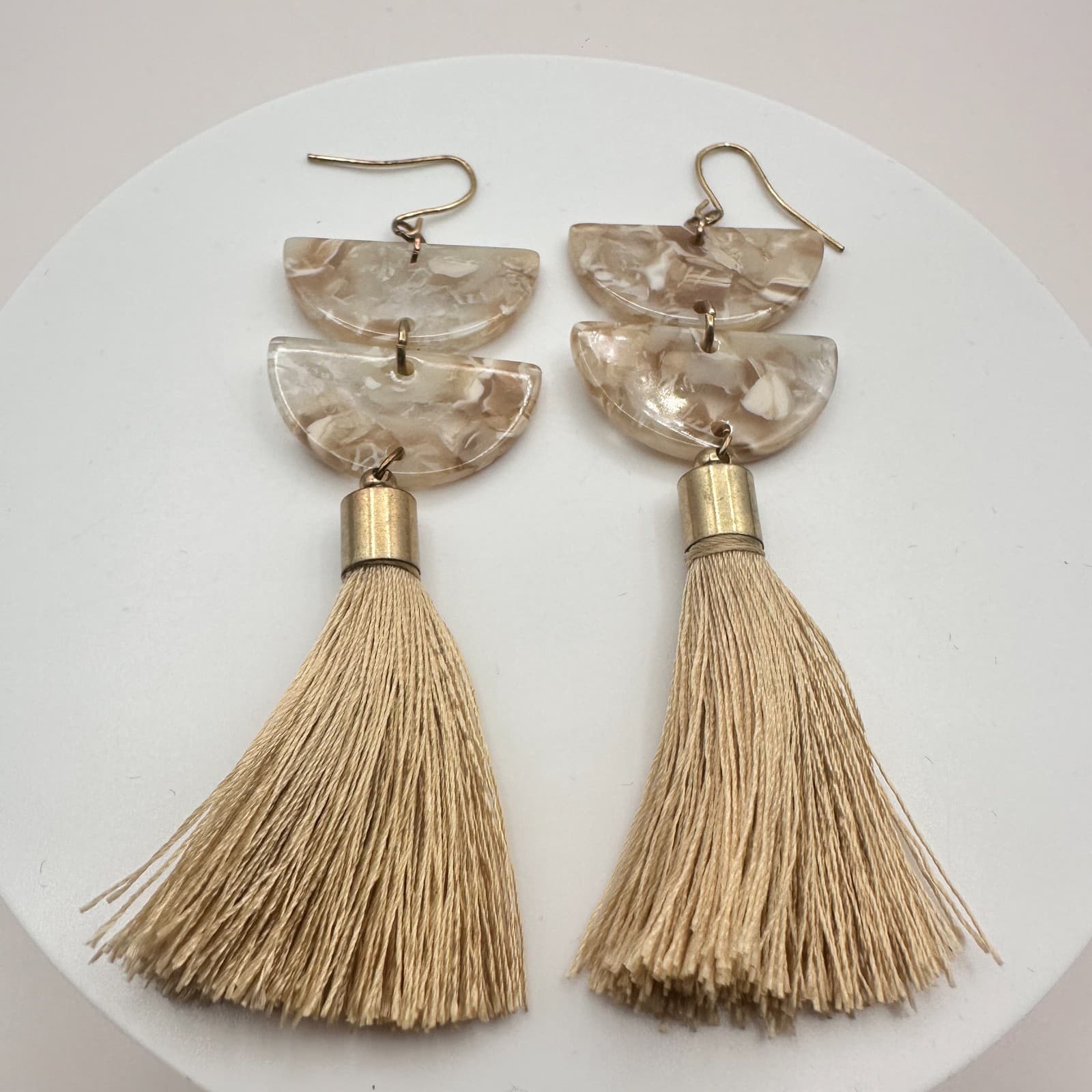 Vintage 90s Gold Tone Cream Half Moon Marble Resin Taupe Tassel Earrings Jewelry - Thumbnail 4