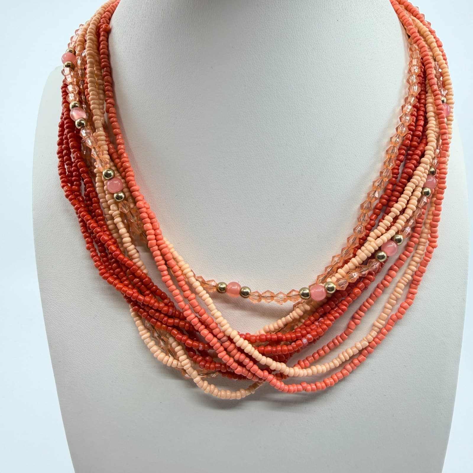 Vintage Peach Coral Seed Bead Multi Strand Necklace Boho Statement Retro Y2K 8in - Thumbnail 6