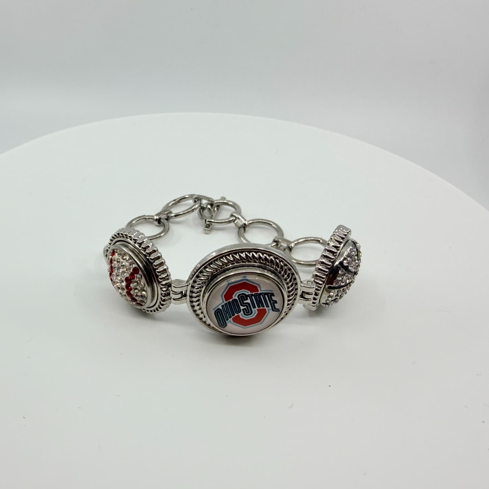 Silver Tone Red White Rhinestone Collegiate Fan Bracelet Ohio Sports Team Boho - Thumbnail 7