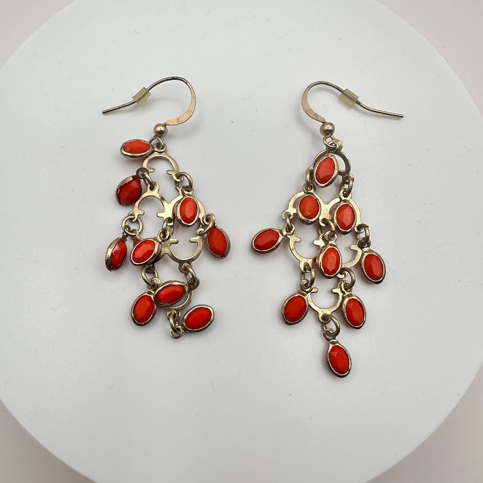 Vintage 80s Silver Tone Red Coral Chandelier Dangle Earrings Classic Jewelry - Thumbnail 2