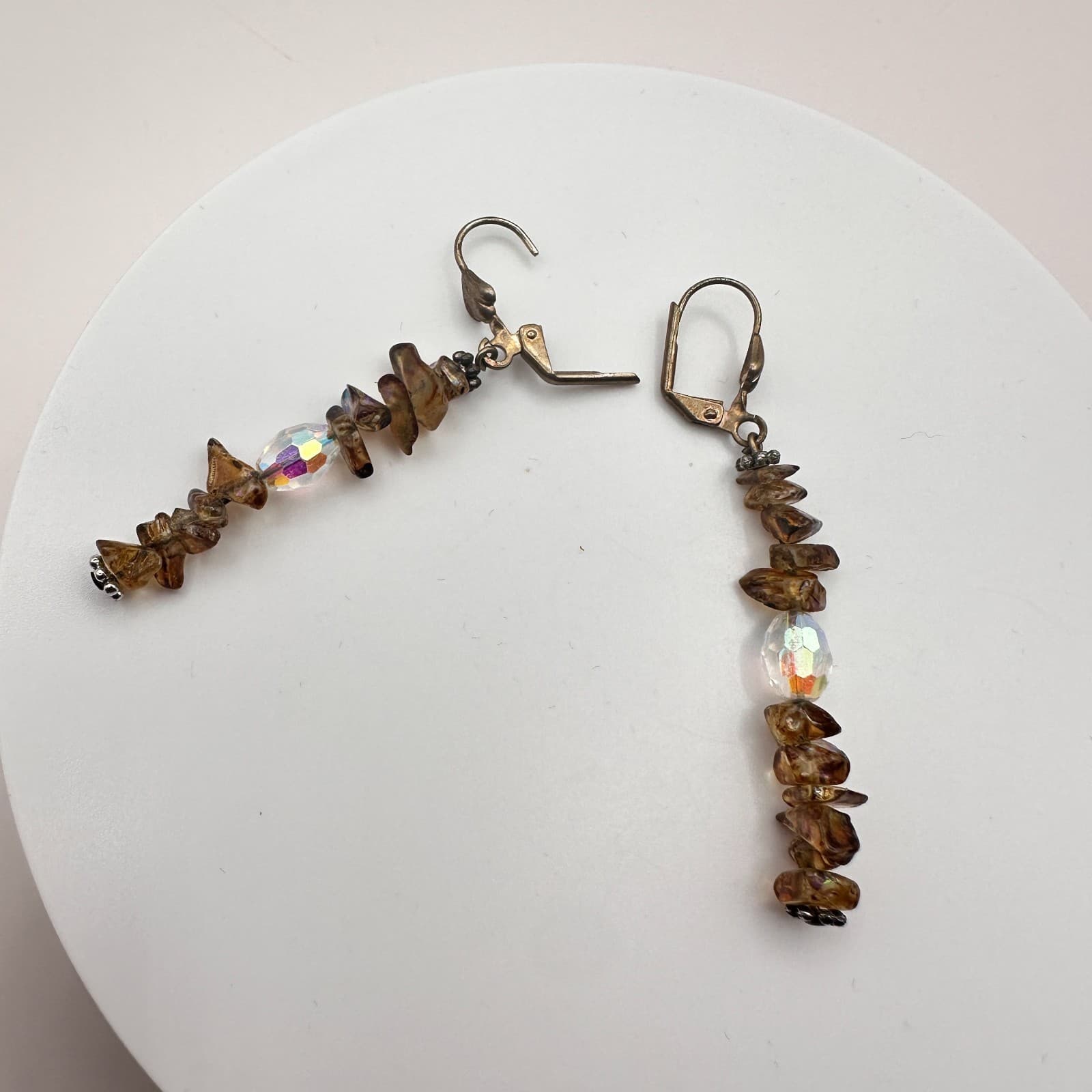 Vintage 80s Smoky Brown Gemstone Chip Earrings Faceted Lever back Drop Jewelry - Thumbnail 7