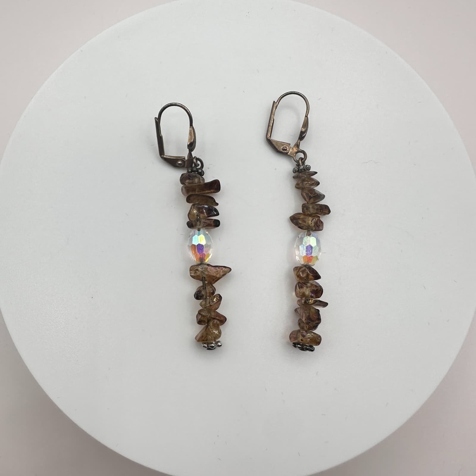Vintage 80s Smoky Brown Gemstone Chip Earrings Faceted Lever back Drop Jewelry - Thumbnail 3