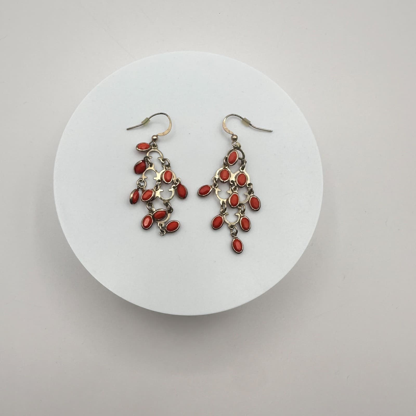 Vintage 80s Silver Tone Red Coral Chandelier Dangle Earrings Classic Jewelry - Thumbnail 3