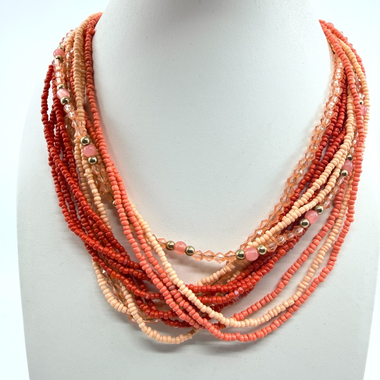 Vintage Peach Coral Seed Bead Multi Strand Necklace Boho Statement Retro Y2K 8in