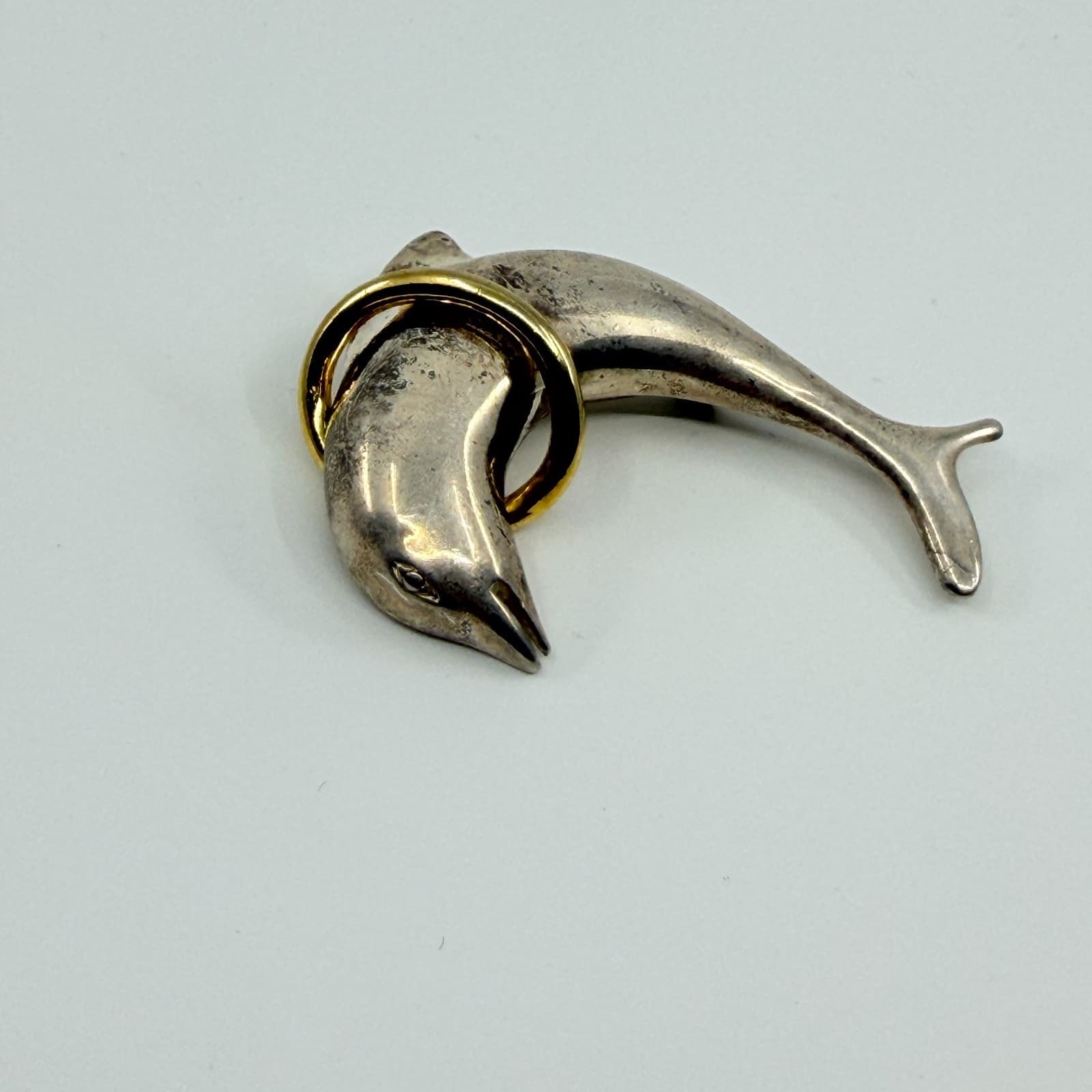 Vintage Silver Gold Tone Dolphin Brooch Pin Ocean Sea Life Animal Statement Boho - Thumbnail 6