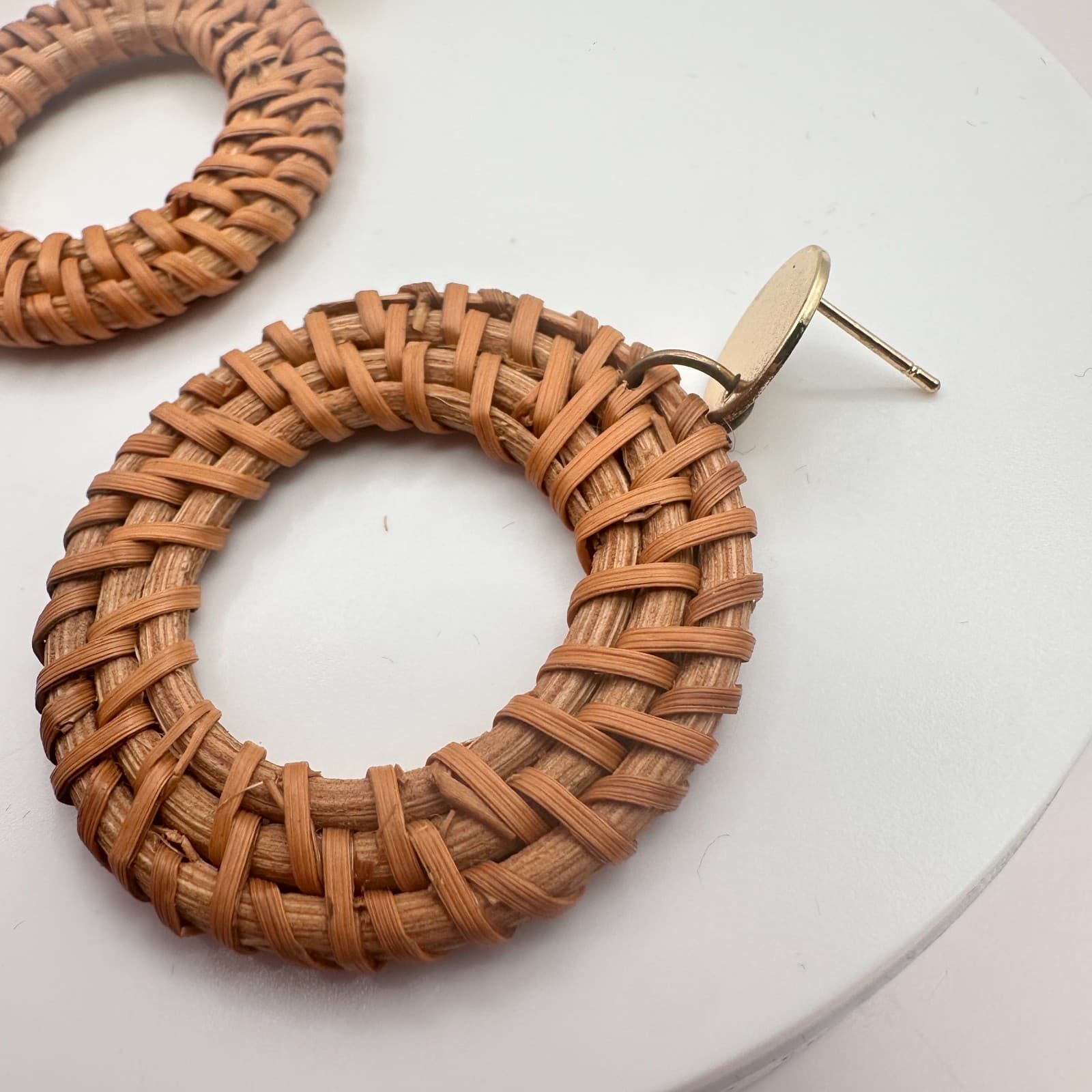 Vintage 90s Gold Tone Brown Woven Rattan Round Hoop Earrings Women's Jewelry - Thumbnail 5