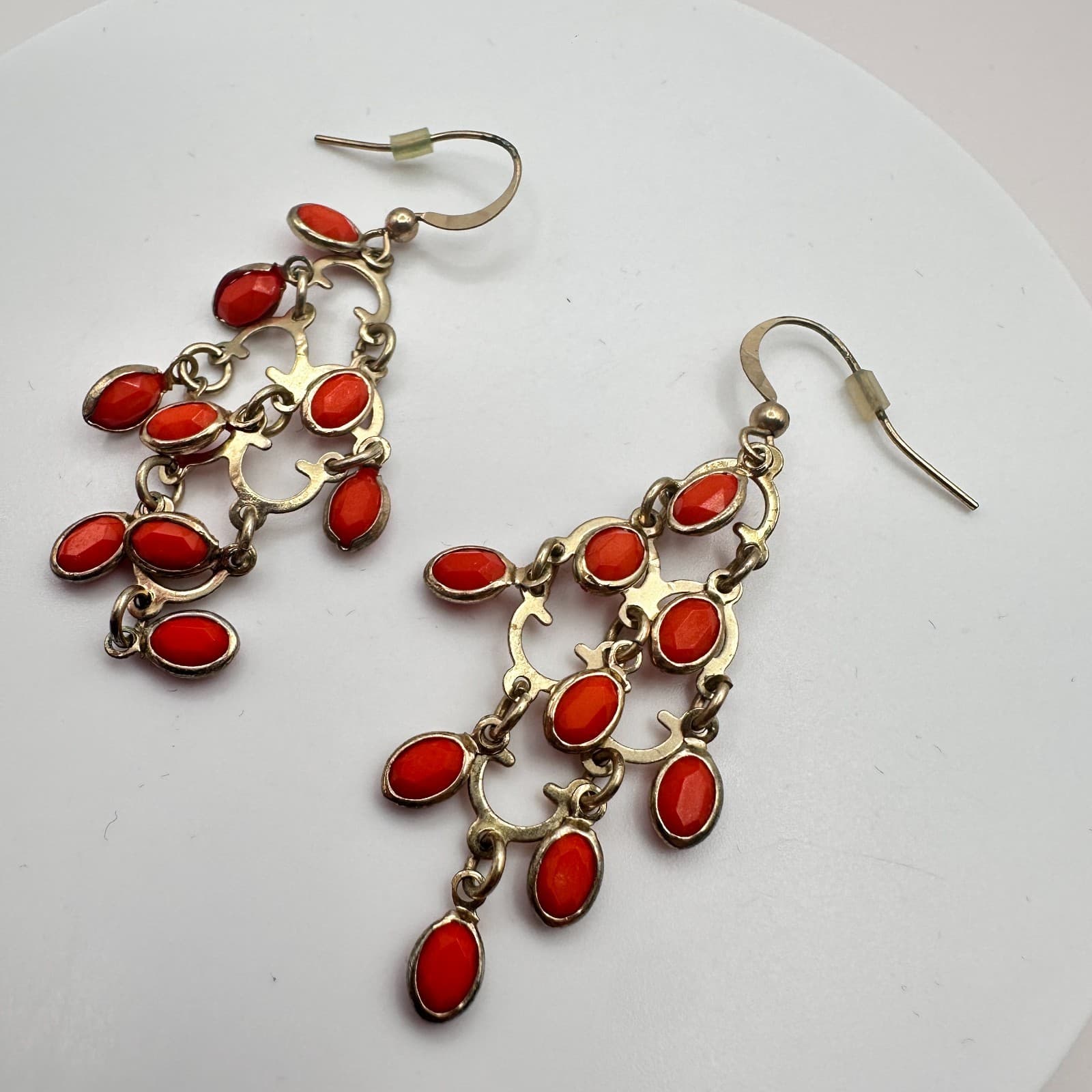 Vintage 80s Silver Tone Red Coral Chandelier Dangle Earrings Classic Jewelry - Thumbnail 7
