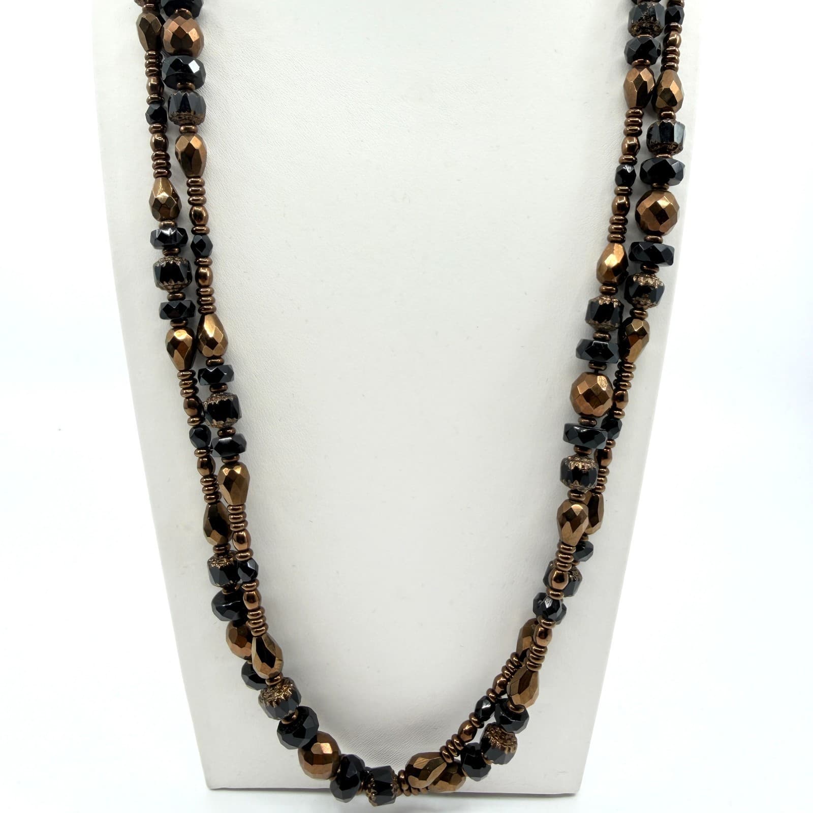 Vintage Black Bronze Beaded Necklace Double Strand Multi Layer Statement Bold
