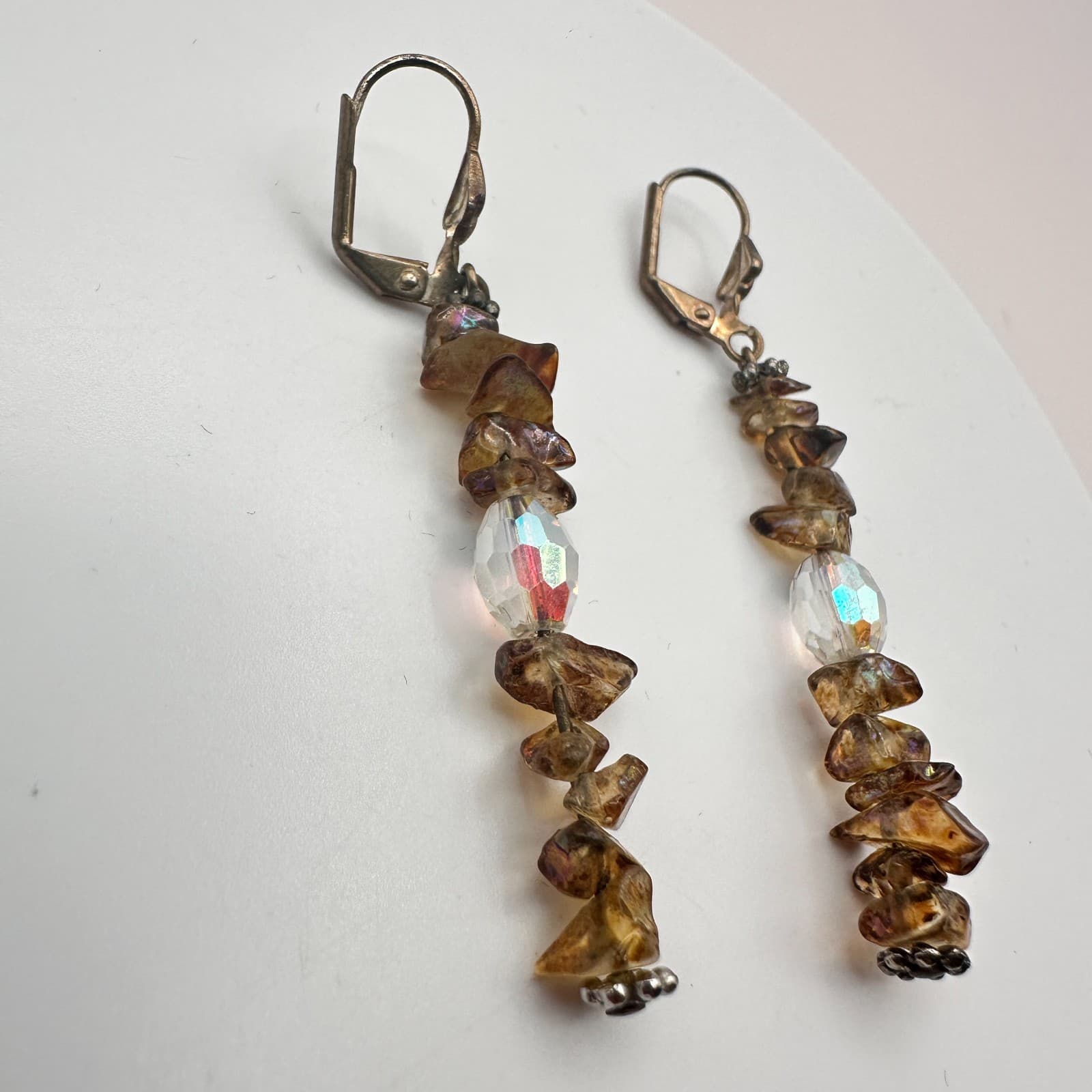 Vintage 80s Smoky Brown Gemstone Chip Earrings Faceted Lever back Drop Jewelry - Thumbnail 4