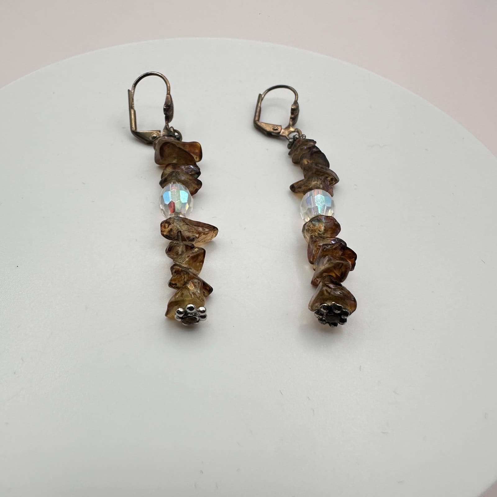 Vintage 80s Smoky Brown Gemstone Chip Earrings Faceted Lever back Drop Jewelry - Thumbnail 6