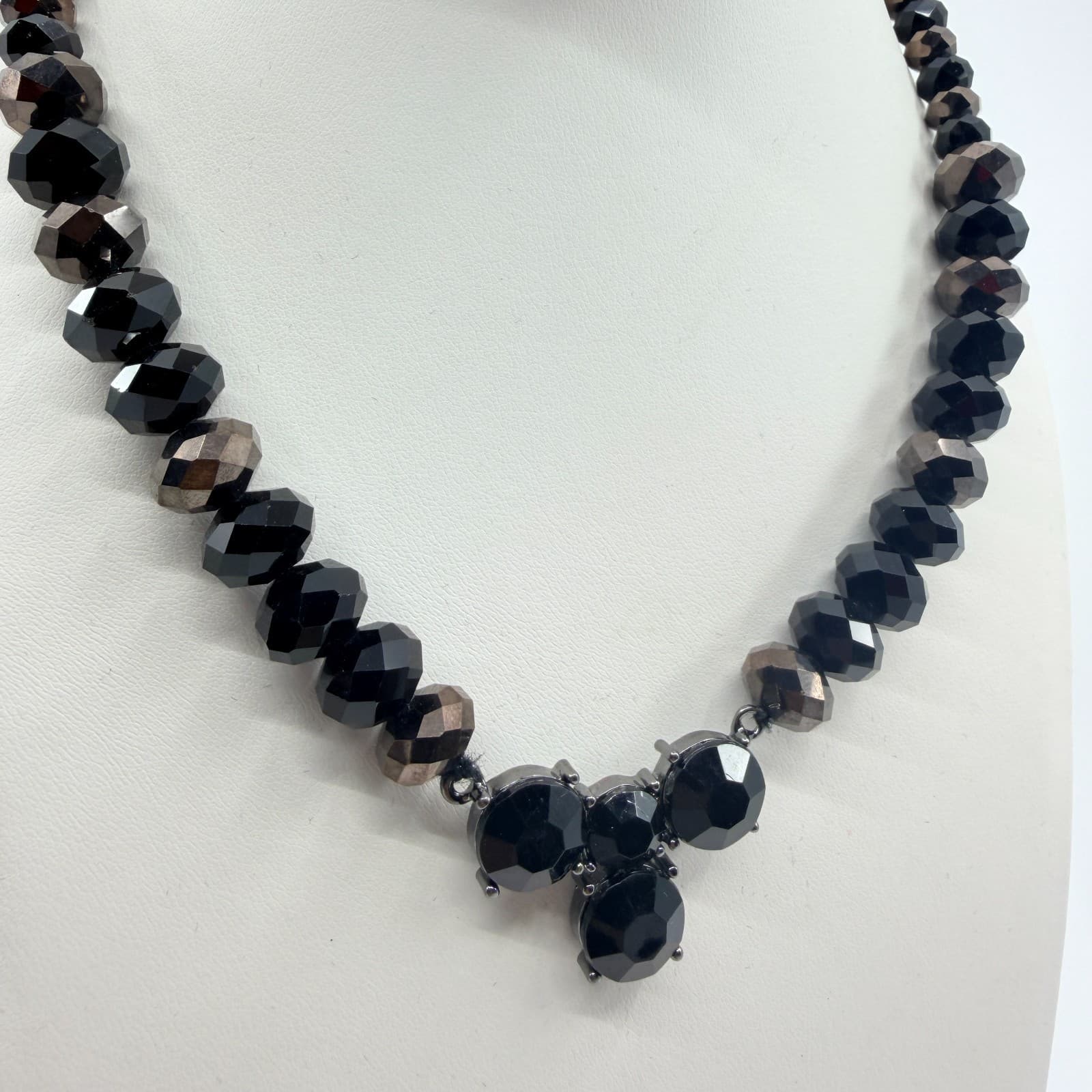 Vintage Black Beaded Statement Necklace Gothic Faceted Glass Stone Boho Retro - Thumbnail 3