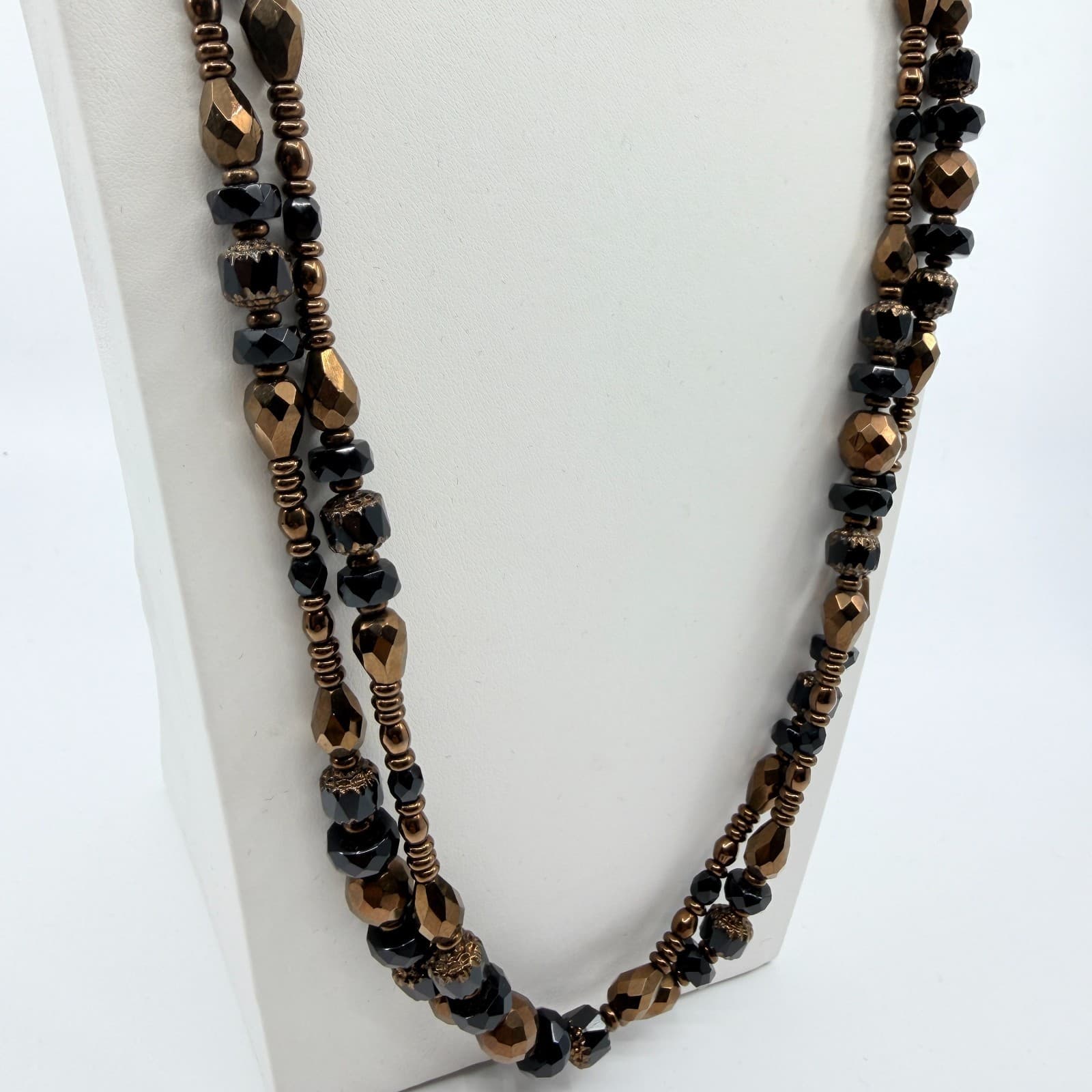 Vintage Black Bronze Beaded Necklace Double Strand Multi Layer Statement Bold - Thumbnail 5