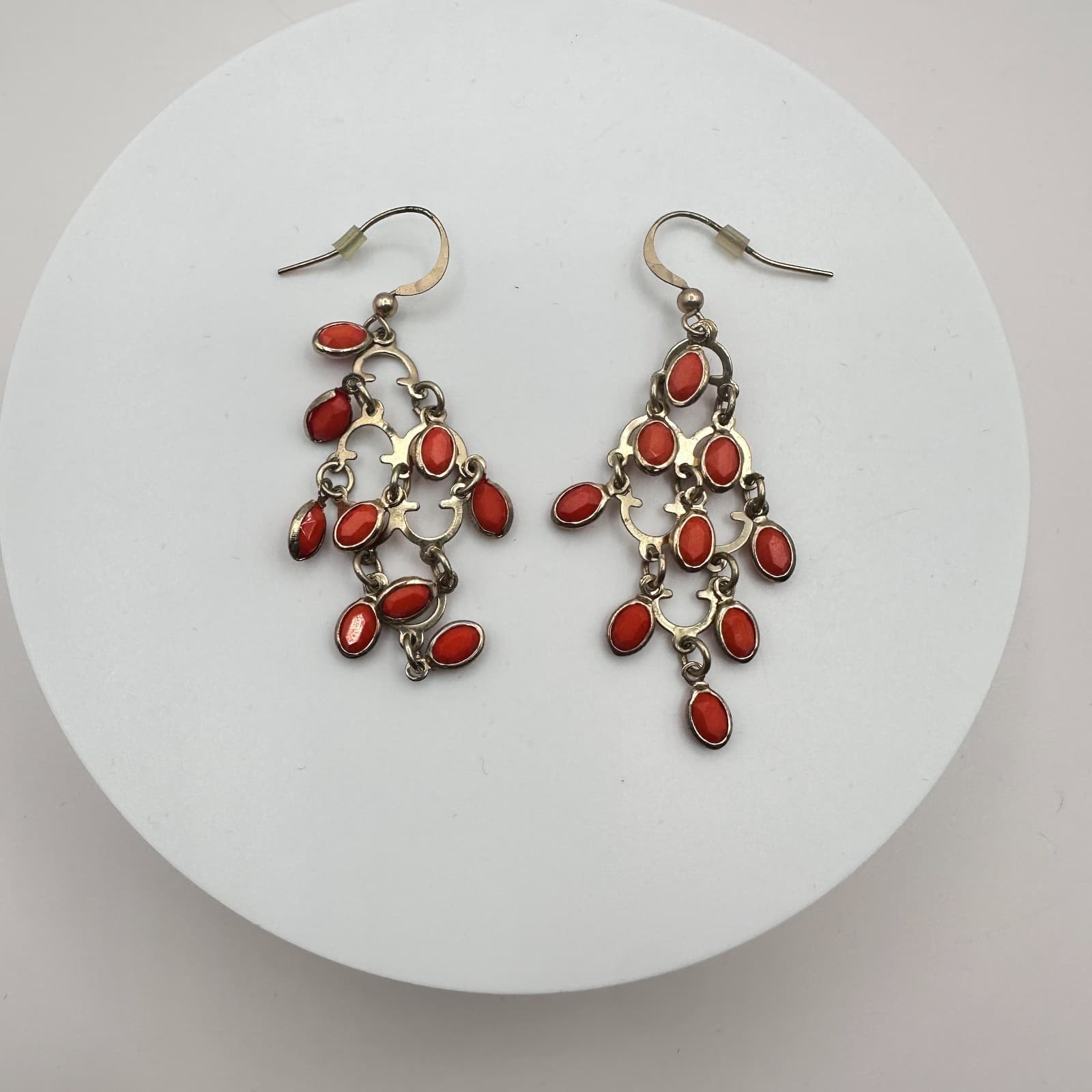 Vintage 80s Silver Tone Red Coral Chandelier Dangle Earrings Classic Jewelry - Thumbnail 4