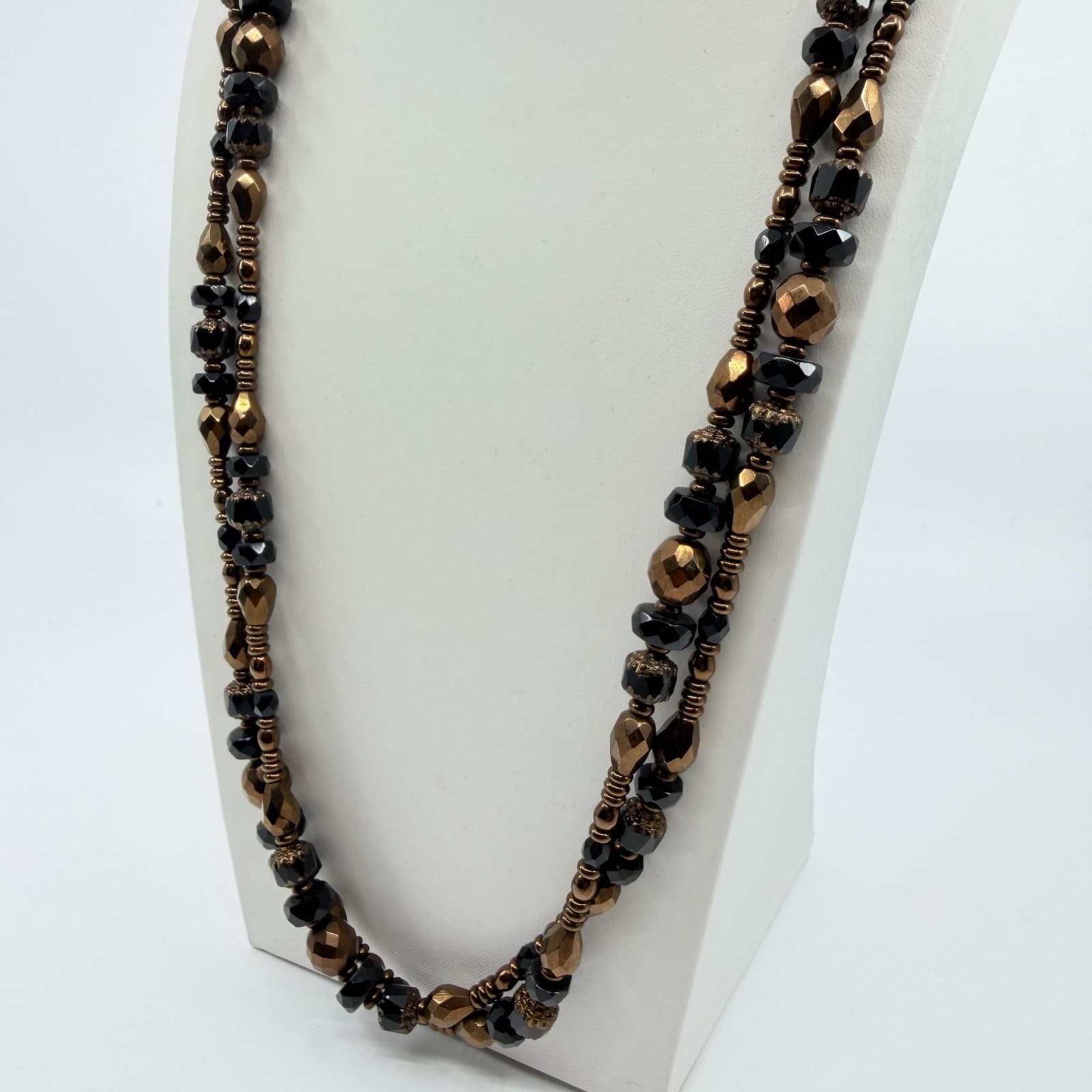 Vintage Black Bronze Beaded Necklace Double Strand Multi Layer Statement Bold - Thumbnail 6