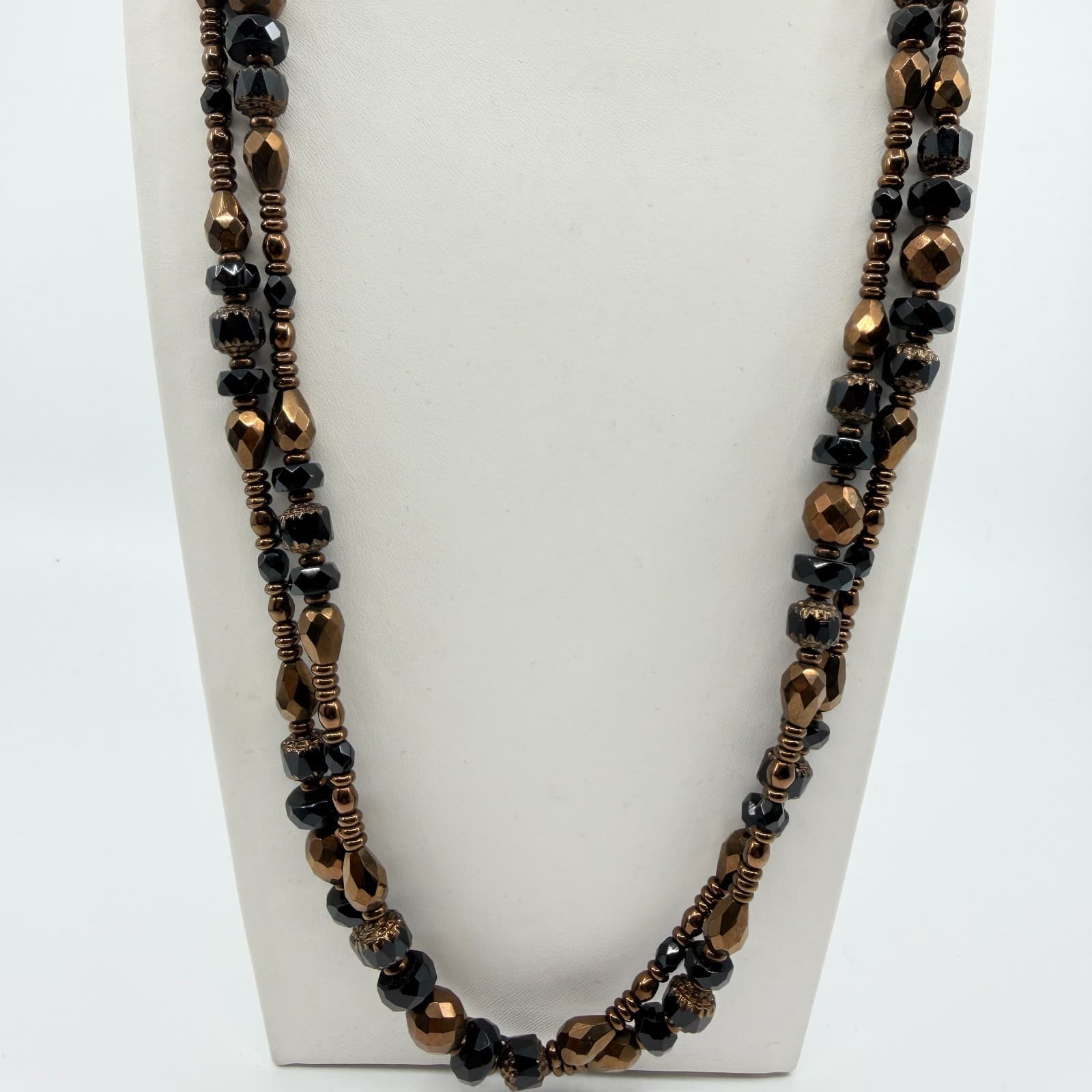 Vintage Black Bronze Beaded Necklace Double Strand Multi Layer Statement Bold - Thumbnail 2