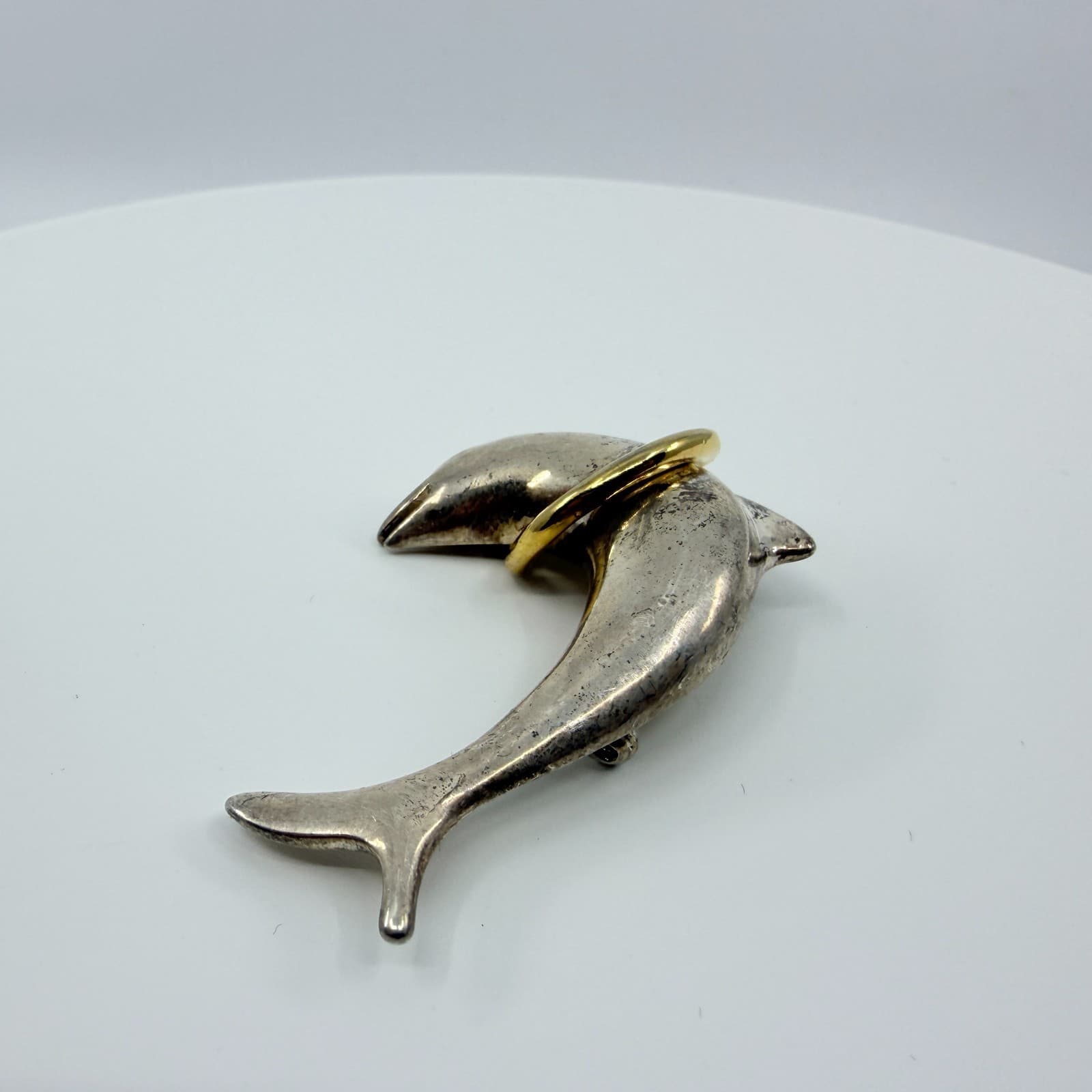 Vintage Silver Gold Tone Dolphin Brooch Pin Ocean Sea Life Animal Statement Boho - Thumbnail 2