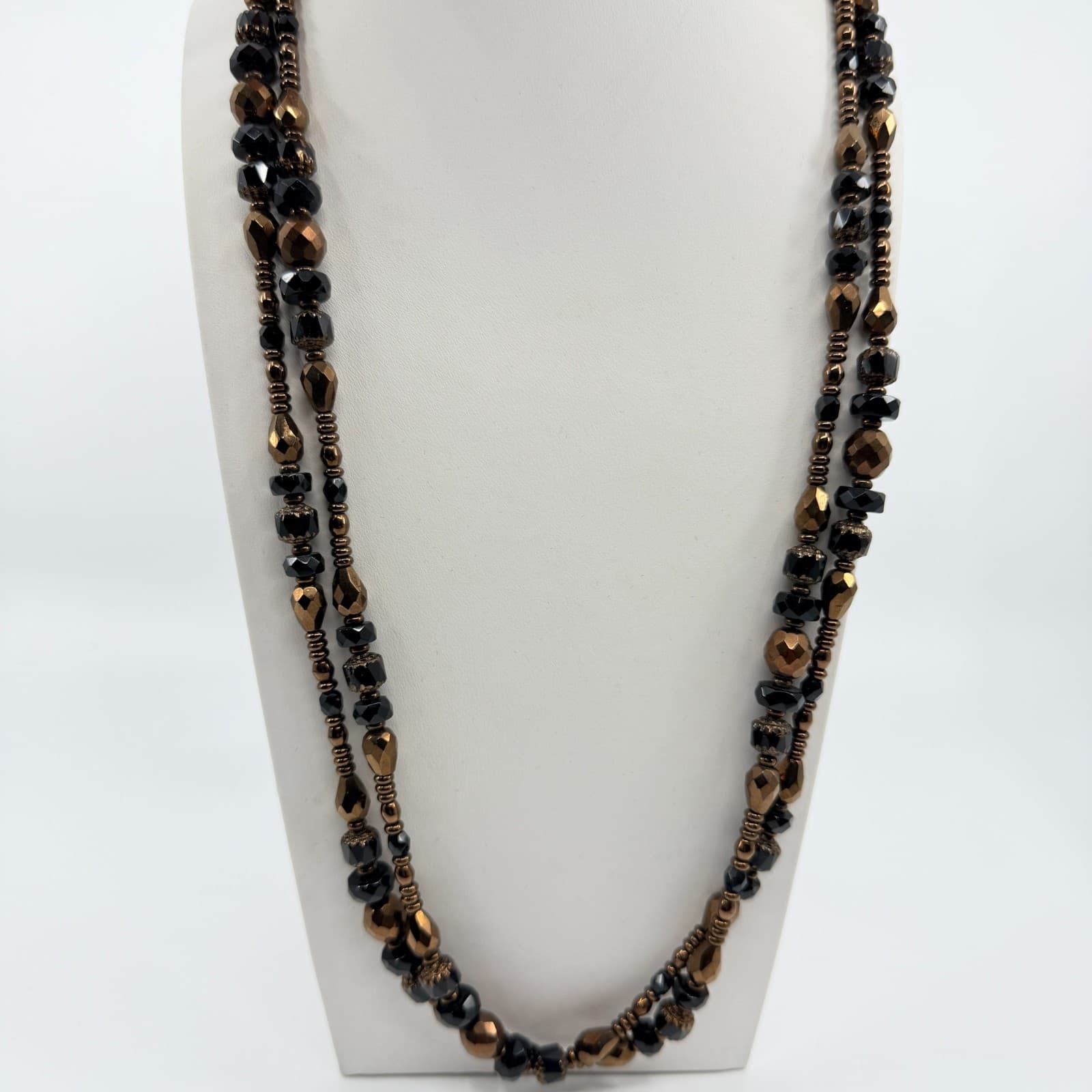 Vintage Black Bronze Beaded Necklace Double Strand Multi Layer Statement Bold - Thumbnail 7