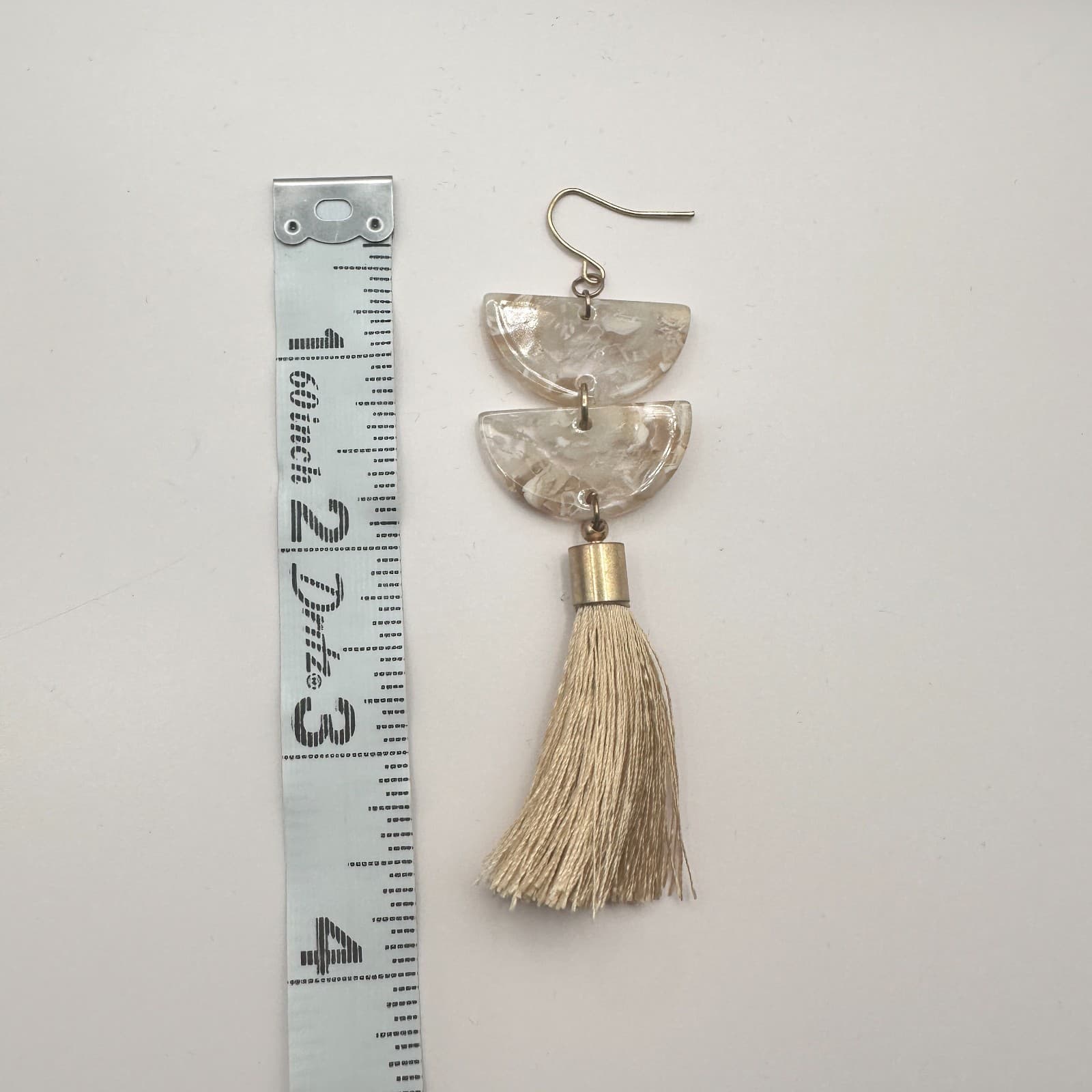 Vintage 90s Gold Tone Cream Half Moon Marble Resin Taupe Tassel Earrings Jewelry - Thumbnail 7