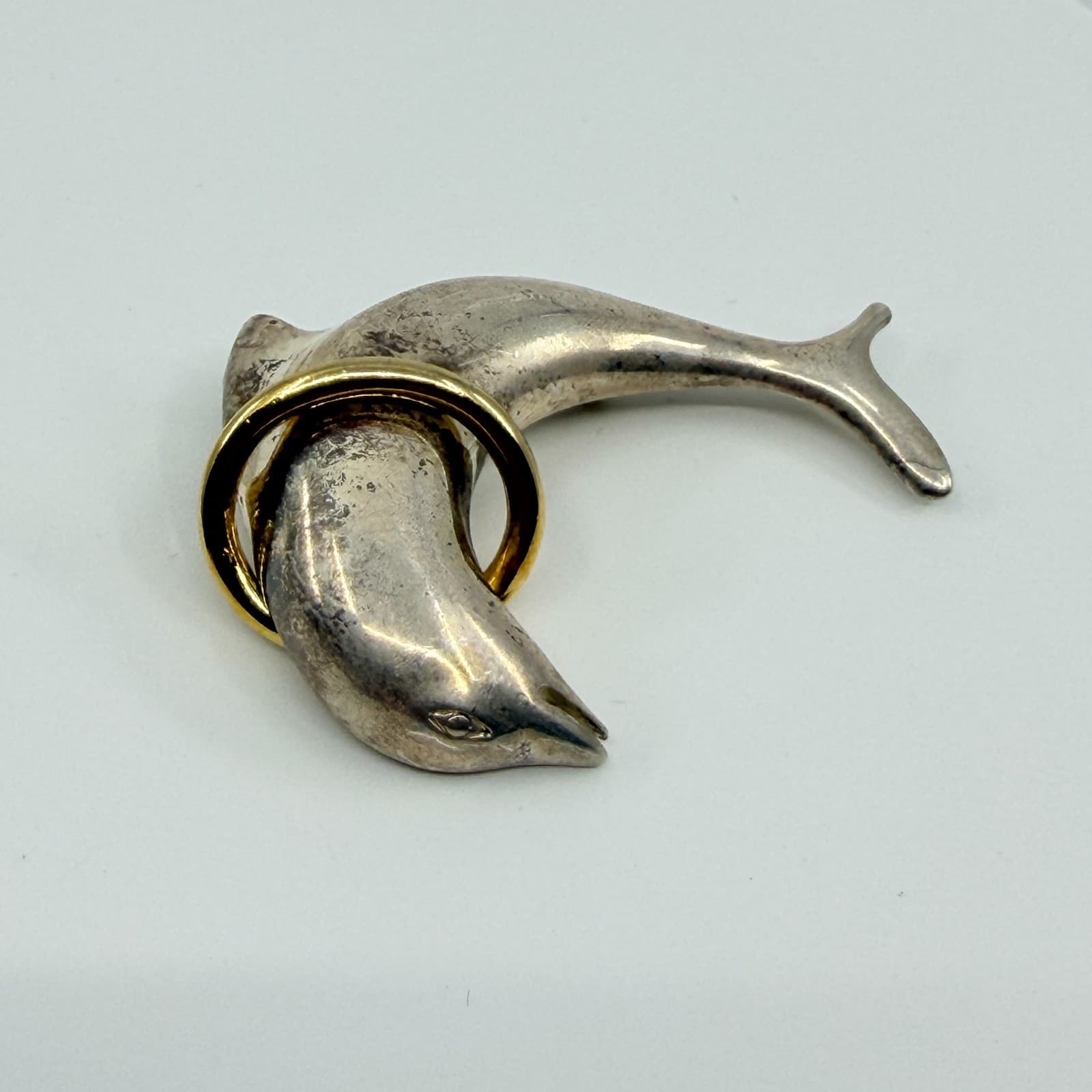 Vintage Silver Gold Tone Dolphin Brooch Pin Ocean Sea Life Animal Statement Boho - Thumbnail 7