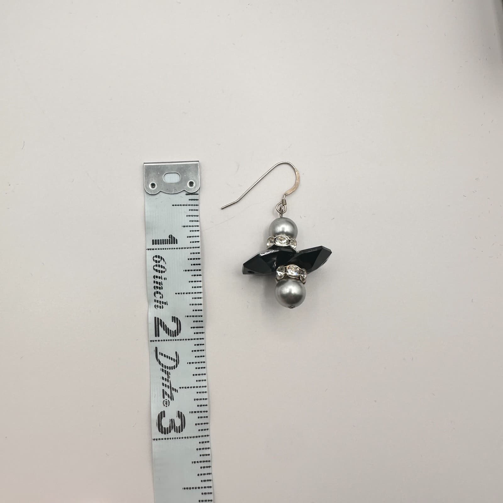 Vintage 80s Art Deco Black Dangle Earrings Pearl Rhinestone Silver Tone Jewelry - Thumbnail 8