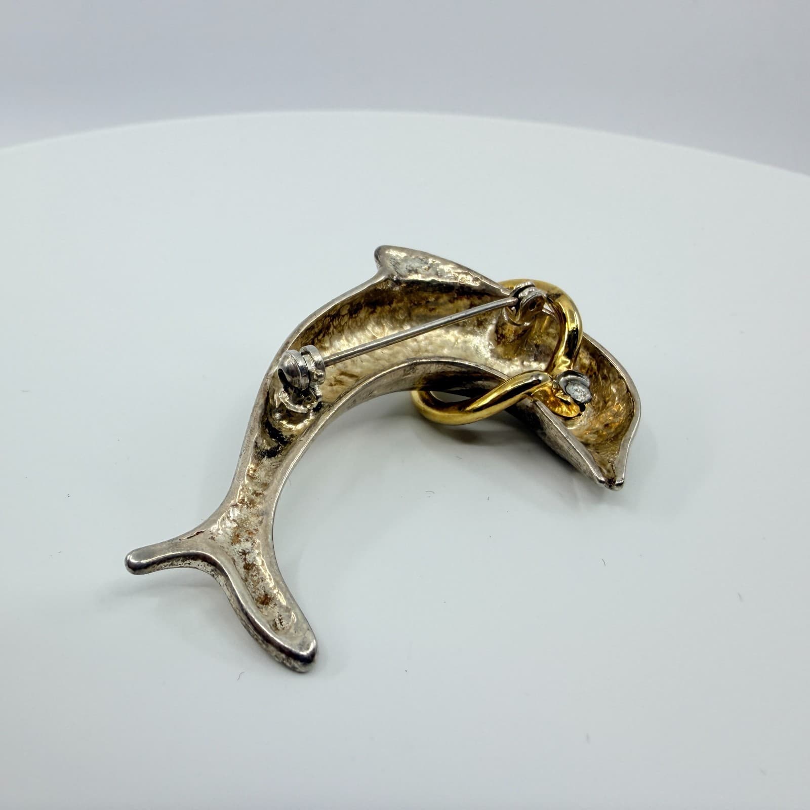 Vintage Silver Gold Tone Dolphin Brooch Pin Ocean Sea Life Animal Statement Boho - Thumbnail 4