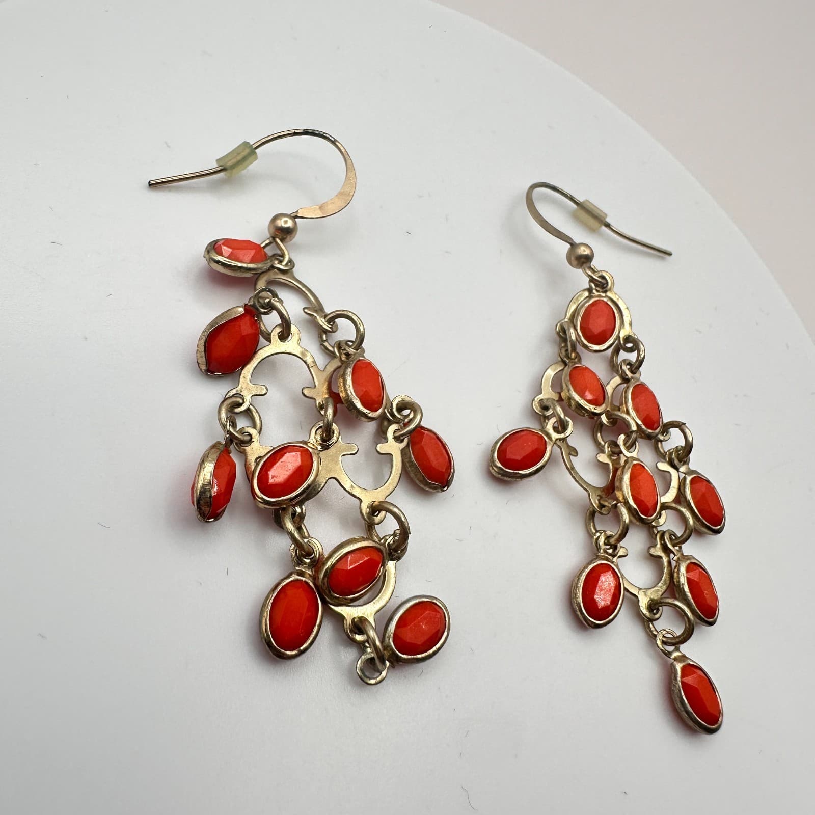 Vintage 80s Silver Tone Red Coral Chandelier Dangle Earrings Classic Jewelry - Thumbnail 5