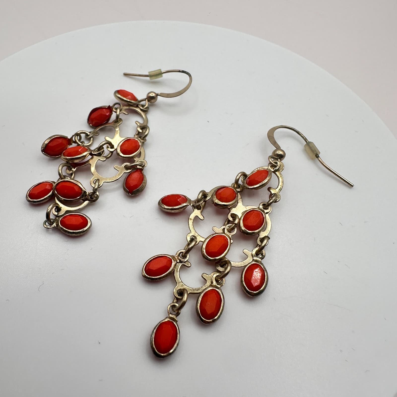 Vintage 80s Silver Tone Red Coral Chandelier Dangle Earrings Classic Jewelry - Thumbnail 6
