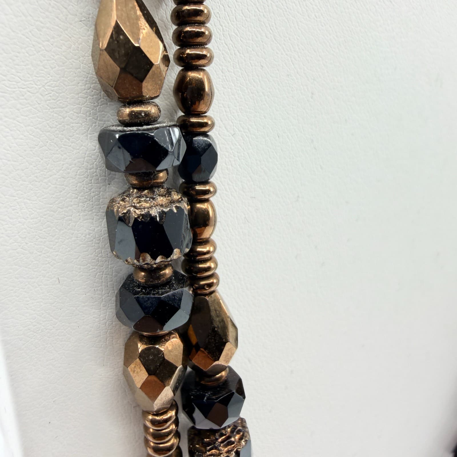 Vintage Black Bronze Beaded Necklace Double Strand Multi Layer Statement Bold - Thumbnail 4