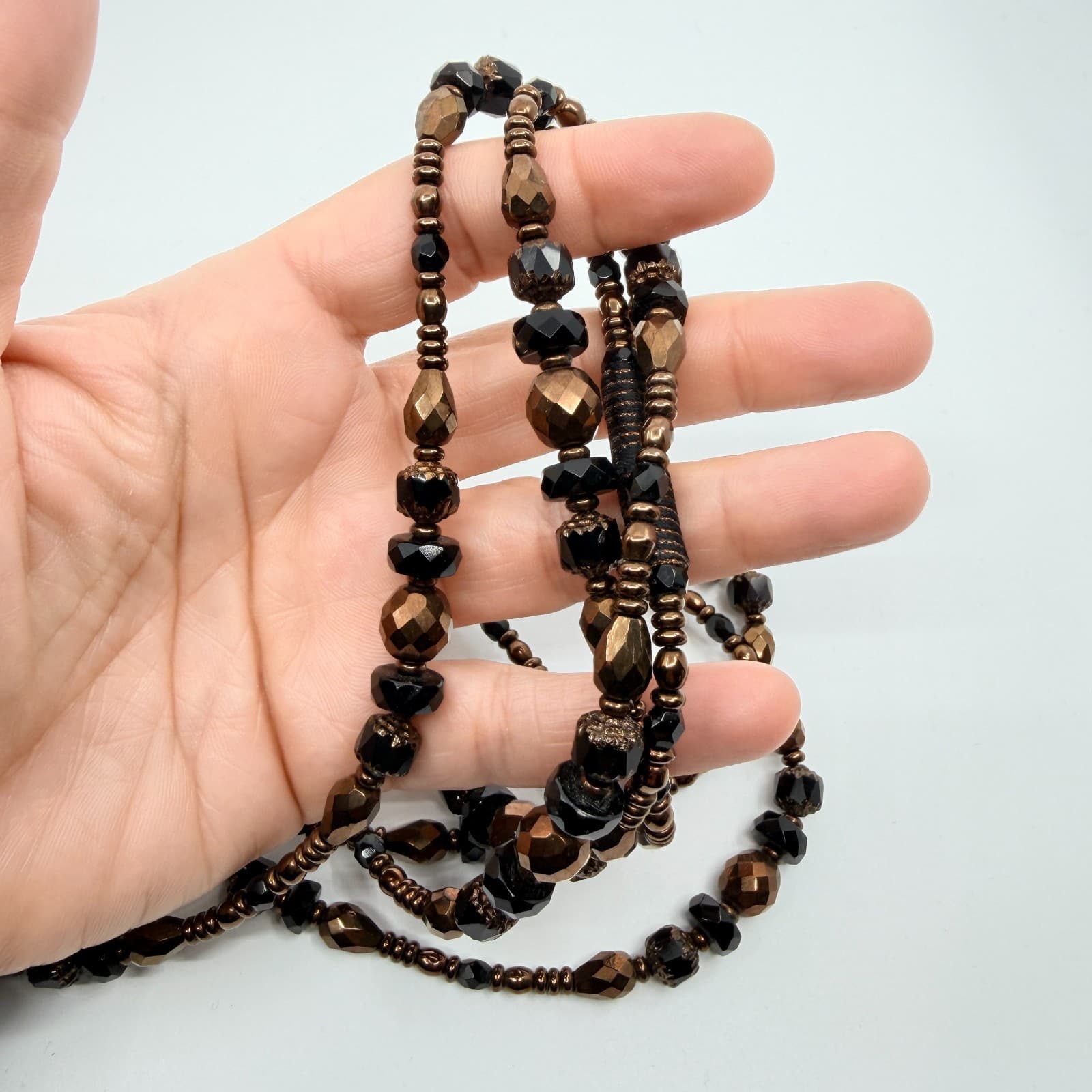 Vintage Black Bronze Beaded Necklace Double Strand Multi Layer Statement Bold - Thumbnail 8