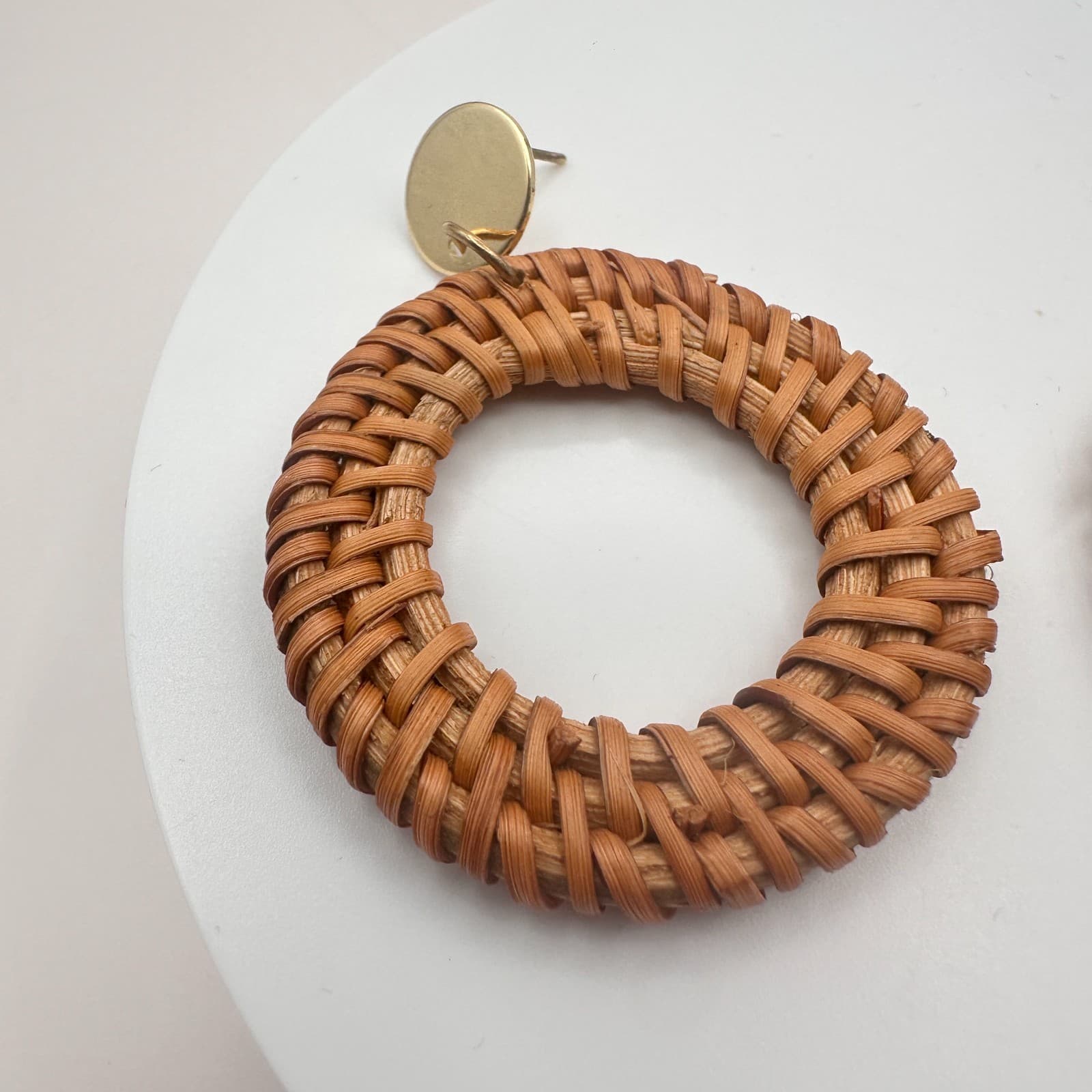 Vintage 90s Gold Tone Brown Woven Rattan Round Hoop Earrings Women's Jewelry - Thumbnail 3