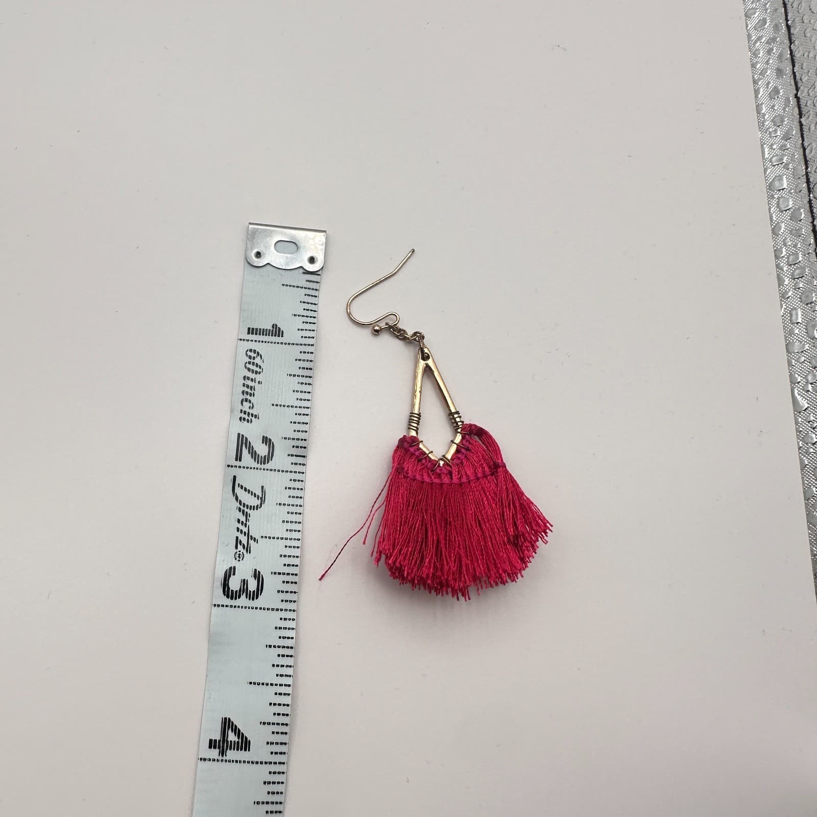 Vintage 80s Ornate Crimson Cotton Fringe Earrings Triangular Gold Finish Jewelry - Thumbnail 6