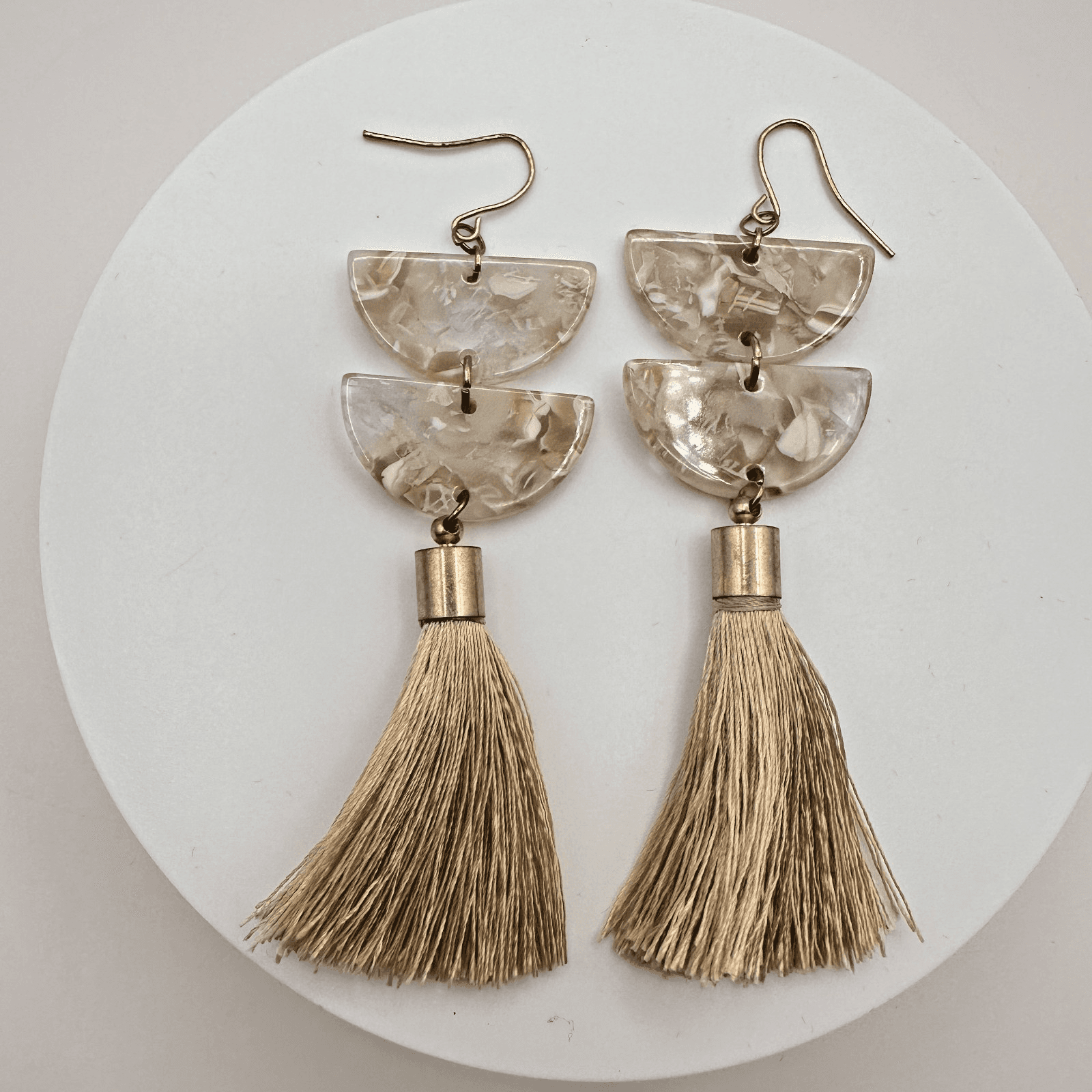 Vintage 90s Gold Tone Cream Half Moon Marble Resin Taupe Tassel Earrings Jewelry