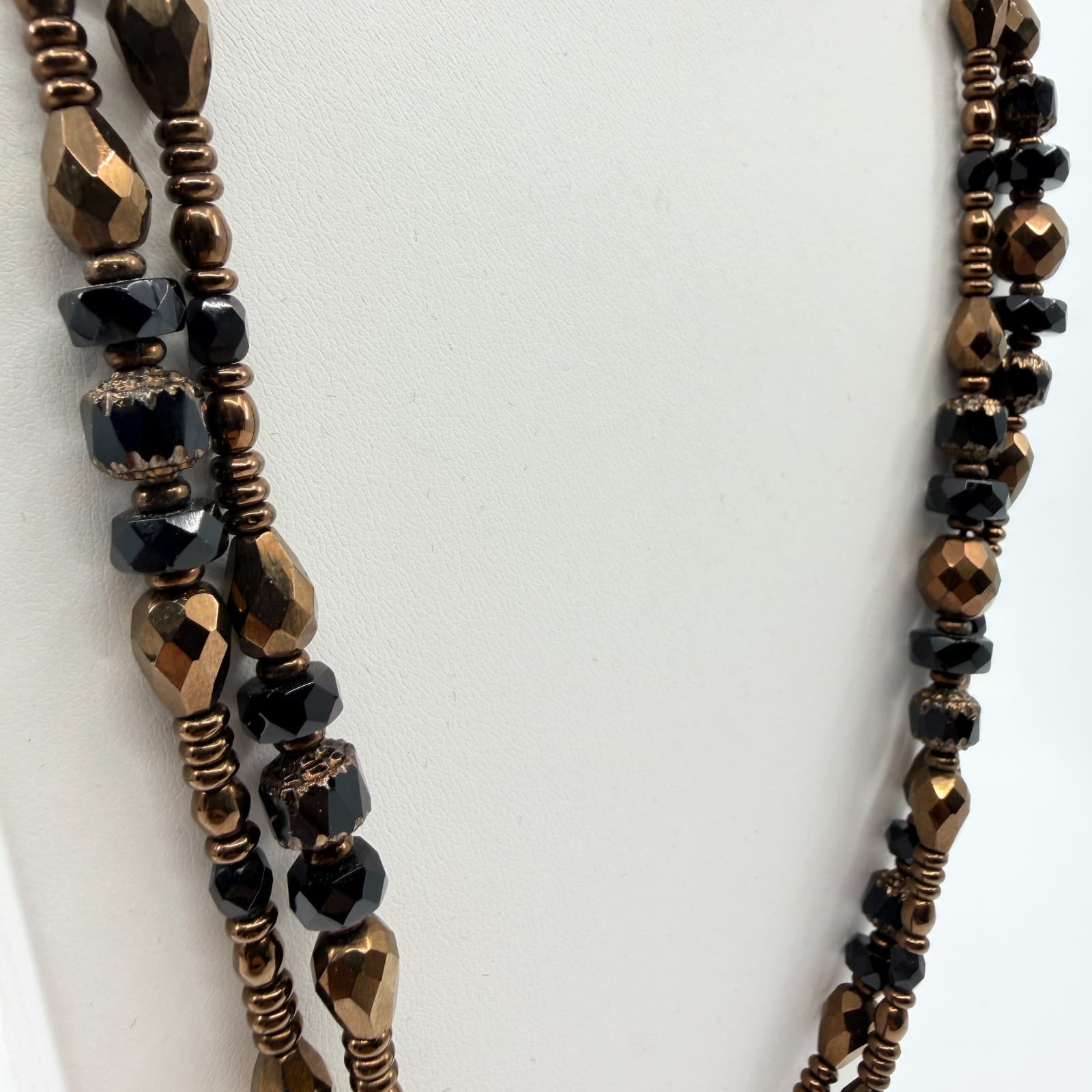 Vintage Black Bronze Beaded Necklace Double Strand Multi Layer Statement Bold - Thumbnail 3