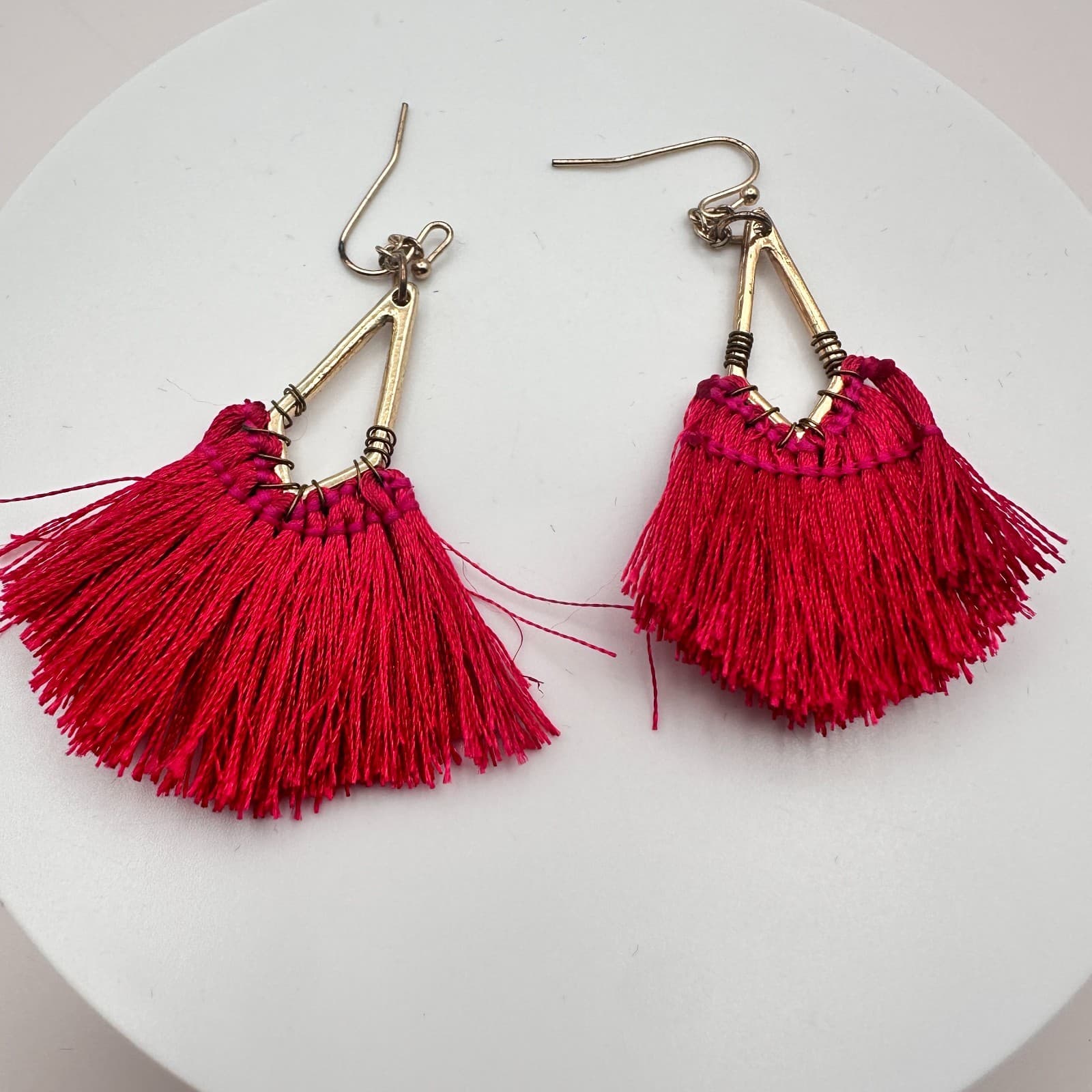 Vintage 80s Ornate Crimson Cotton Fringe Earrings Triangular Gold Finish Jewelry