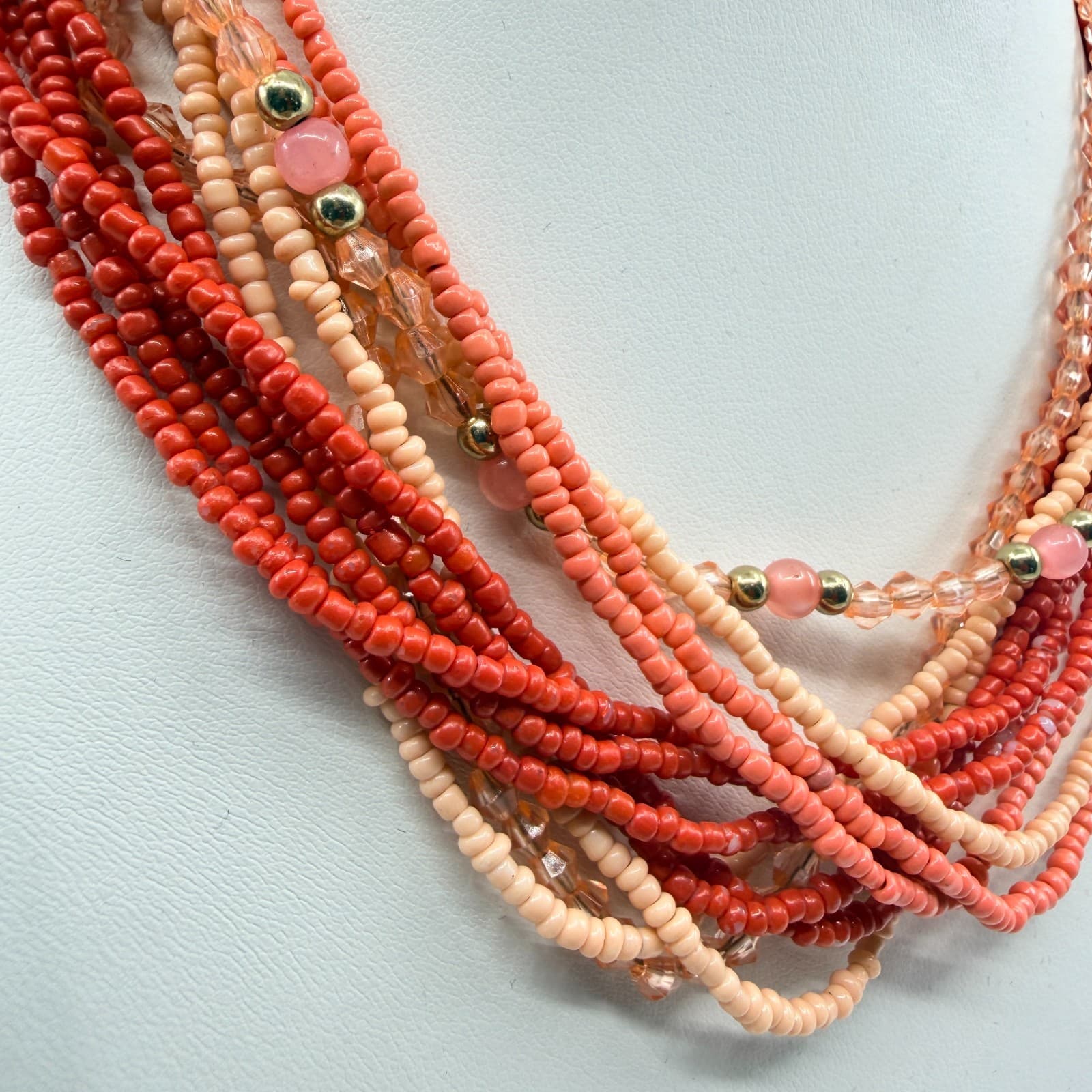 Vintage Peach Coral Seed Bead Multi Strand Necklace Boho Statement Retro Y2K 8in - Thumbnail 4