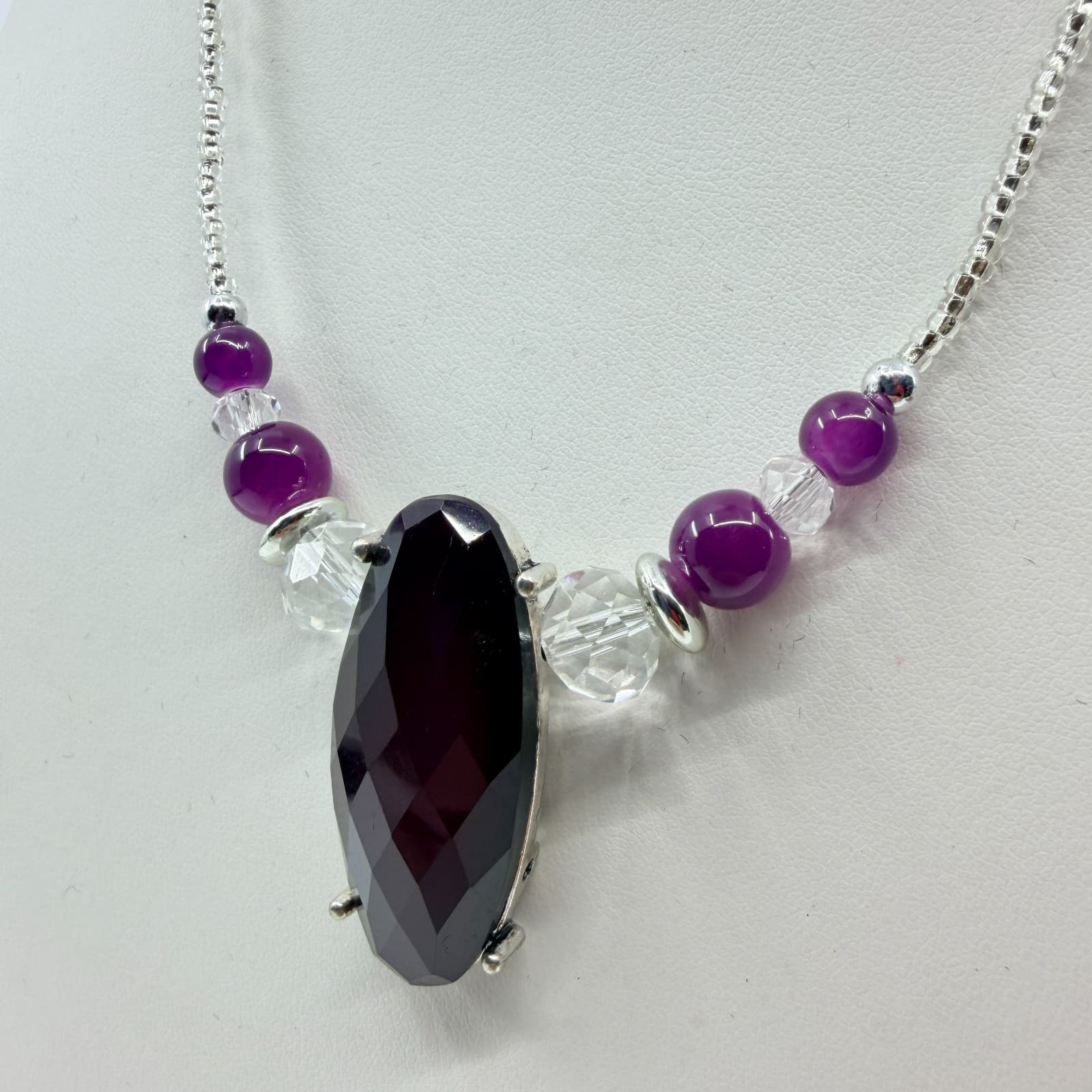 Vintage Silver Tone Purple Stone Statement Necklace Bold Chunky Retro Y2K Boho - Thumbnail 3