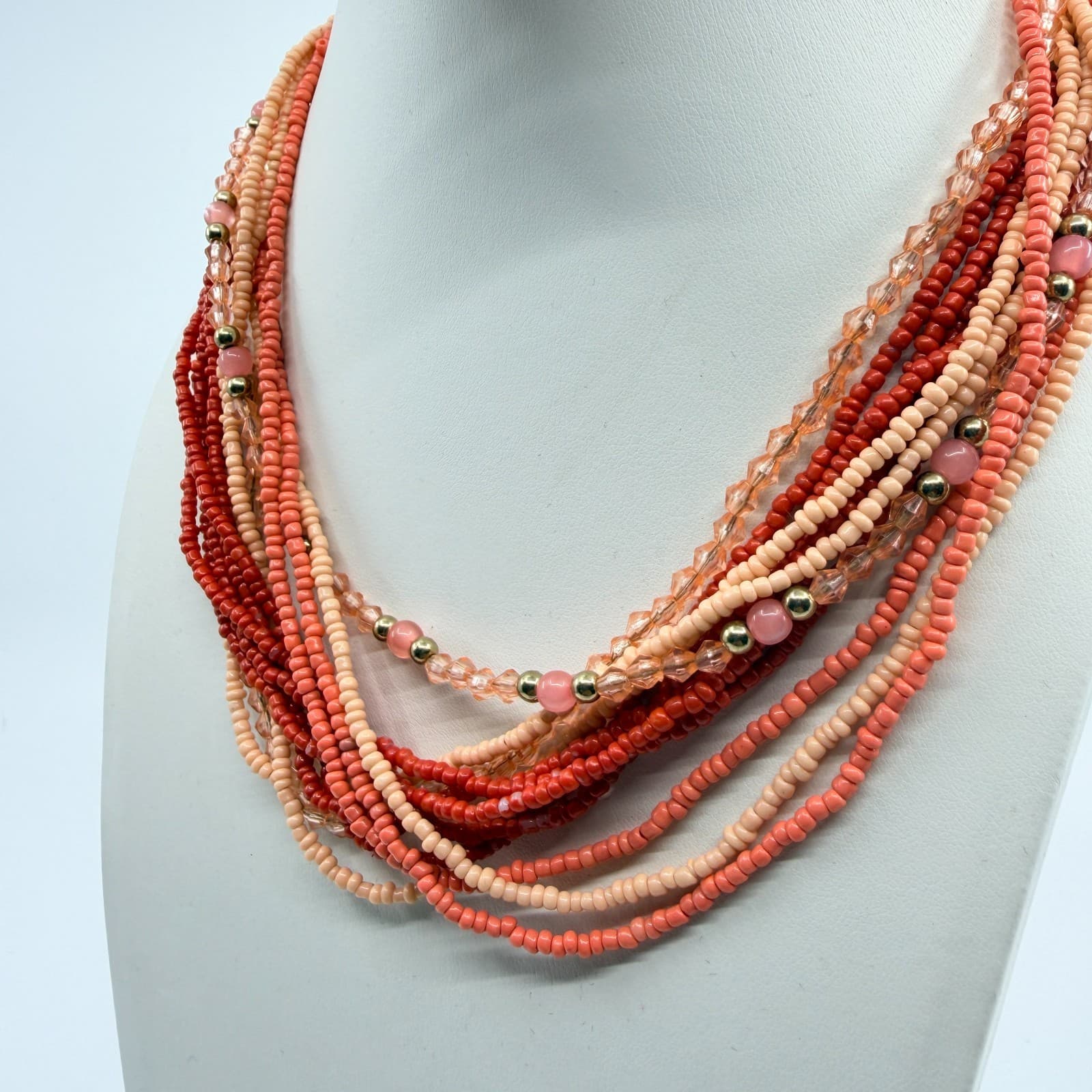 Vintage Peach Coral Seed Bead Multi Strand Necklace Boho Statement Retro Y2K 8in - Thumbnail 5