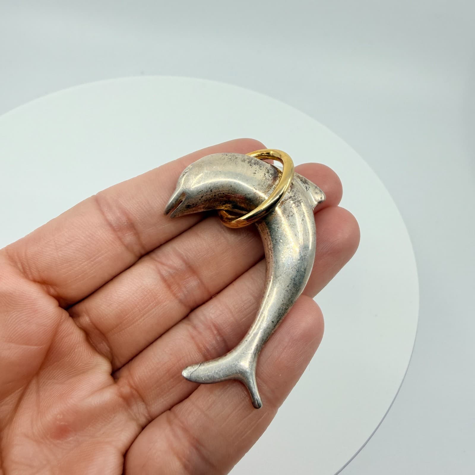 Vintage Silver Gold Tone Dolphin Brooch Pin Ocean Sea Life Animal Statement Boho - Thumbnail 8