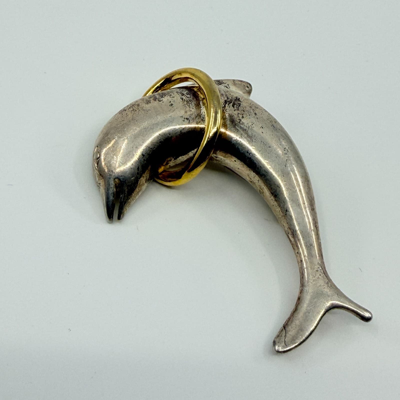 Vintage Silver Gold Tone Dolphin Brooch Pin Ocean Sea Life Animal Statement Boho - Thumbnail 5