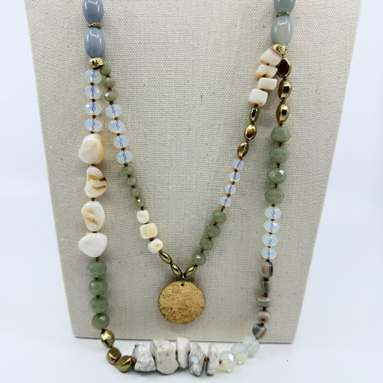 Vintage Multi Color Beaded Necklace Double Strand Disc Pendant Statement Boho - Thumbnail 2
