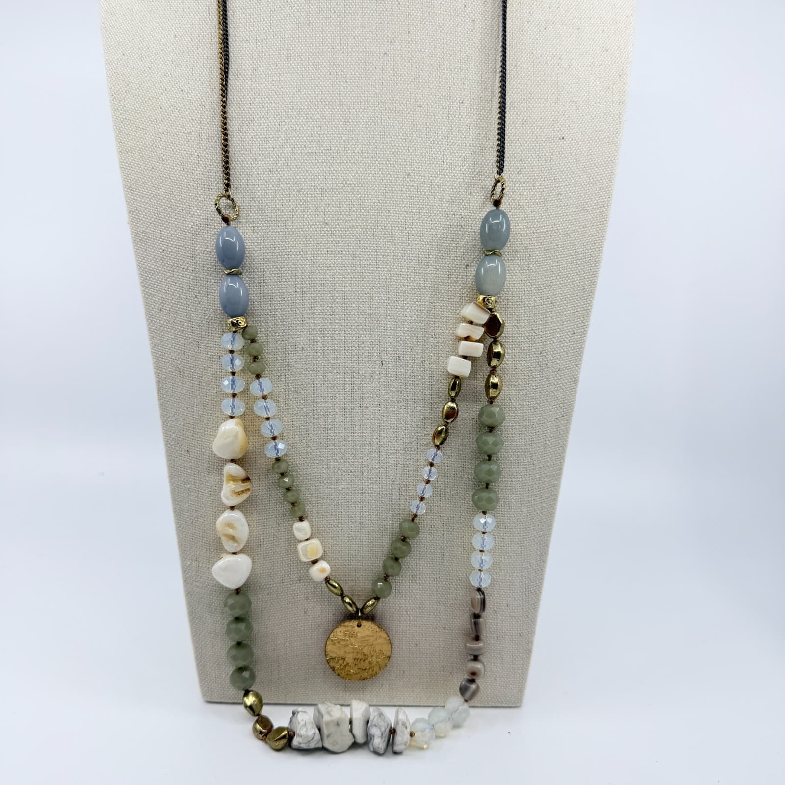 Vintage Multi Color Beaded Necklace Double Strand Disc Pendant Statement Boho - Thumbnail 3