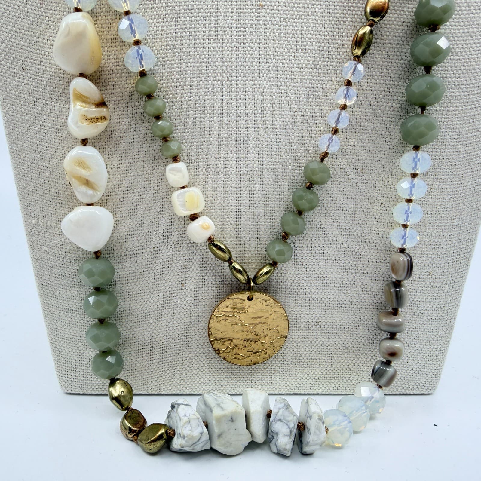 Vintage Multi Color Beaded Necklace Double Strand Disc Pendant Statement Boho - Thumbnail 4