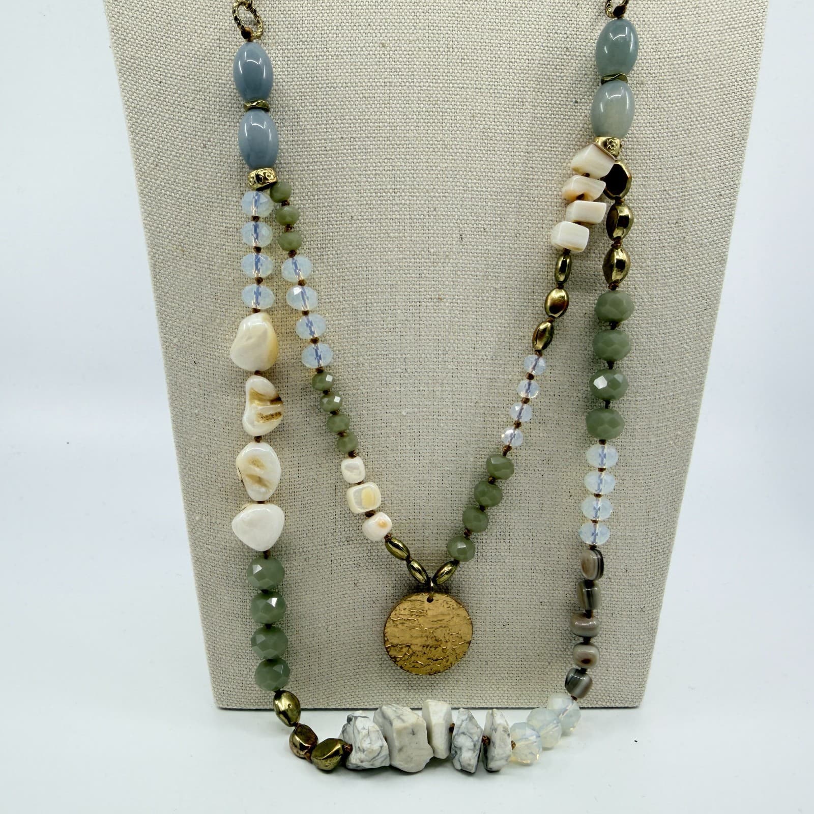 Vintage Multi Color Beaded Necklace Double Strand Disc Pendant Statement Boho - Thumbnail 5