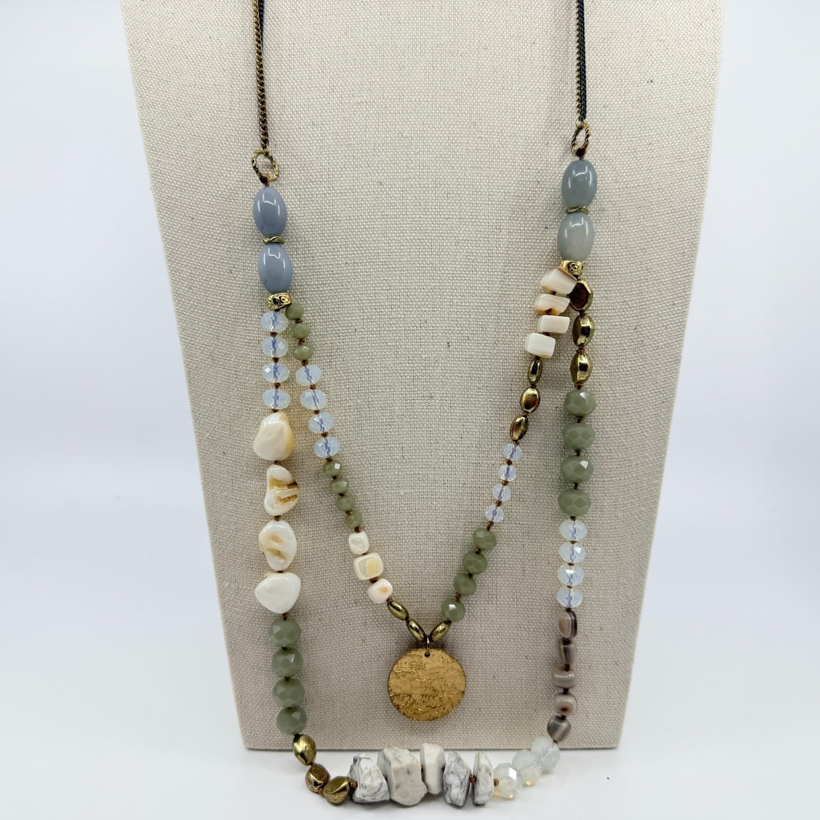Vintage Multi Color Beaded Necklace Double Strand Disc Pendant Statement Boho - Thumbnail 6