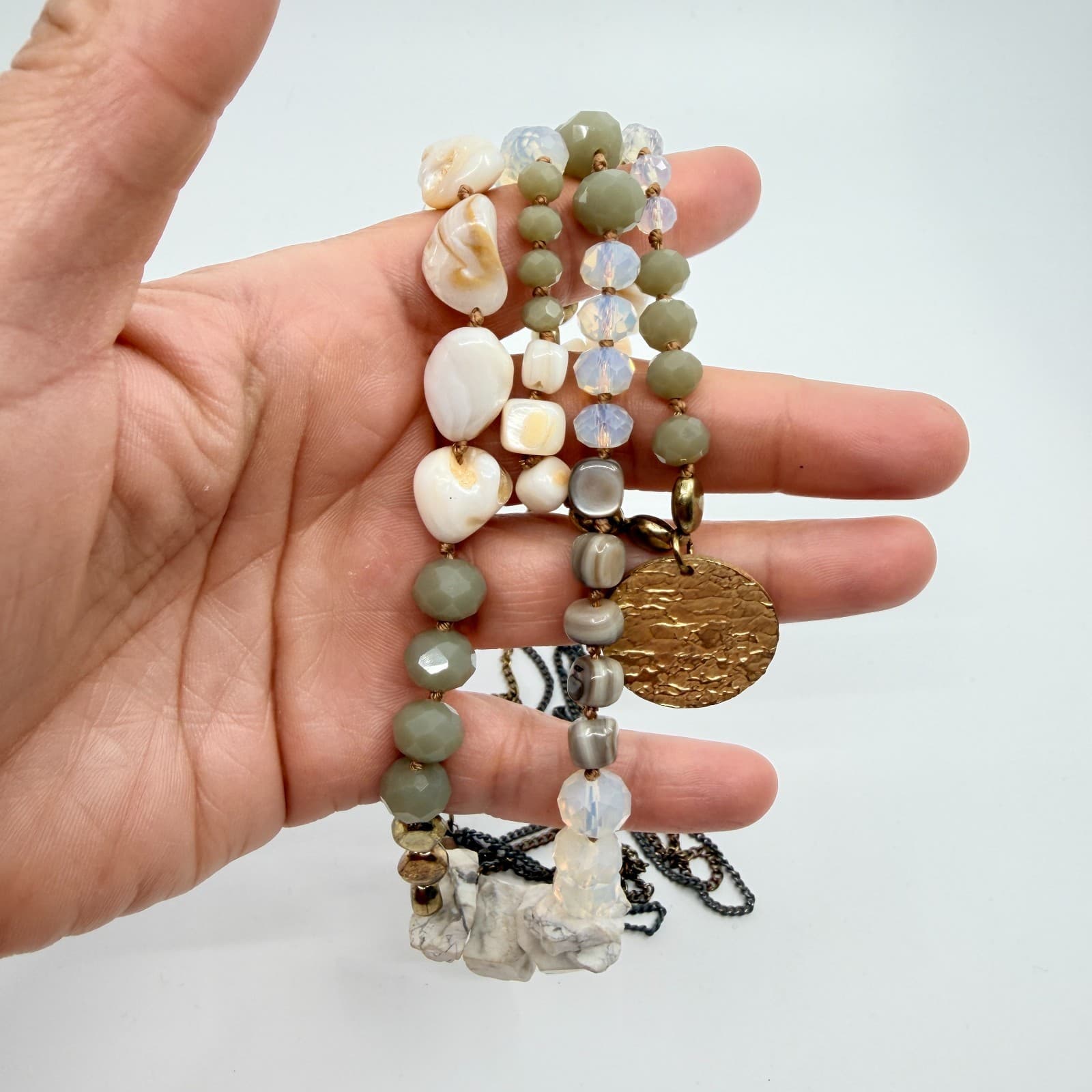 Vintage Multi Color Beaded Necklace Double Strand Disc Pendant Statement Boho - Thumbnail 8