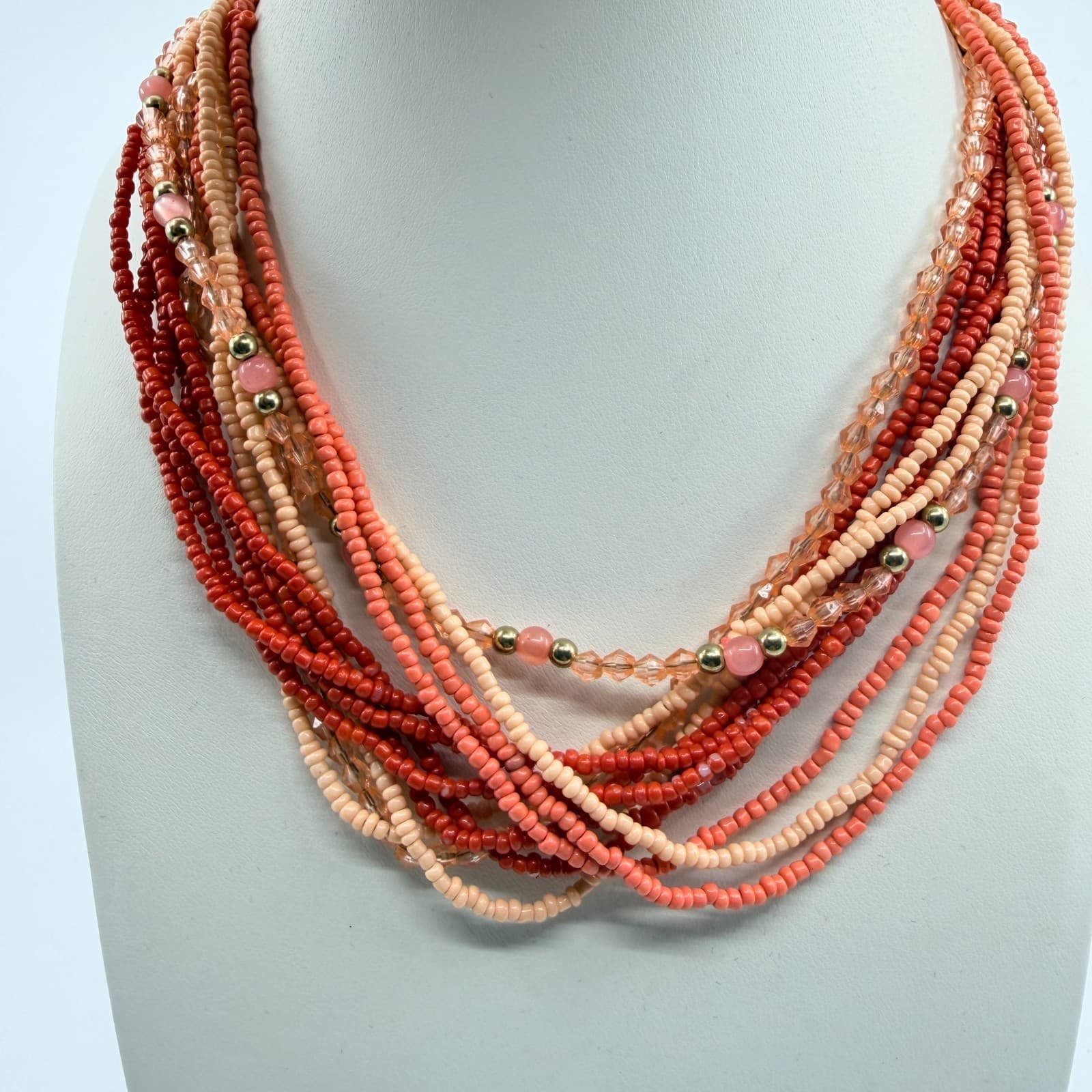 Vintage Peach Coral Seed Bead Multi Strand Necklace Boho Statement Retro Y2K 8in - Thumbnail 2