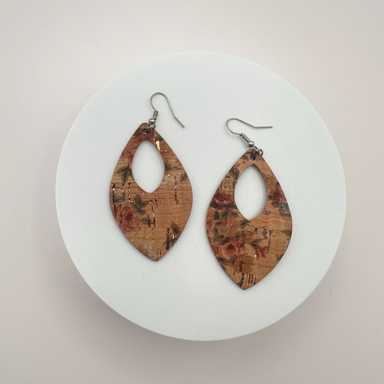 Vintage 80s Brown Cork Hoop Earrings Hypallergenic Silver Tone Statement Jewelry - Thumbnail 3
