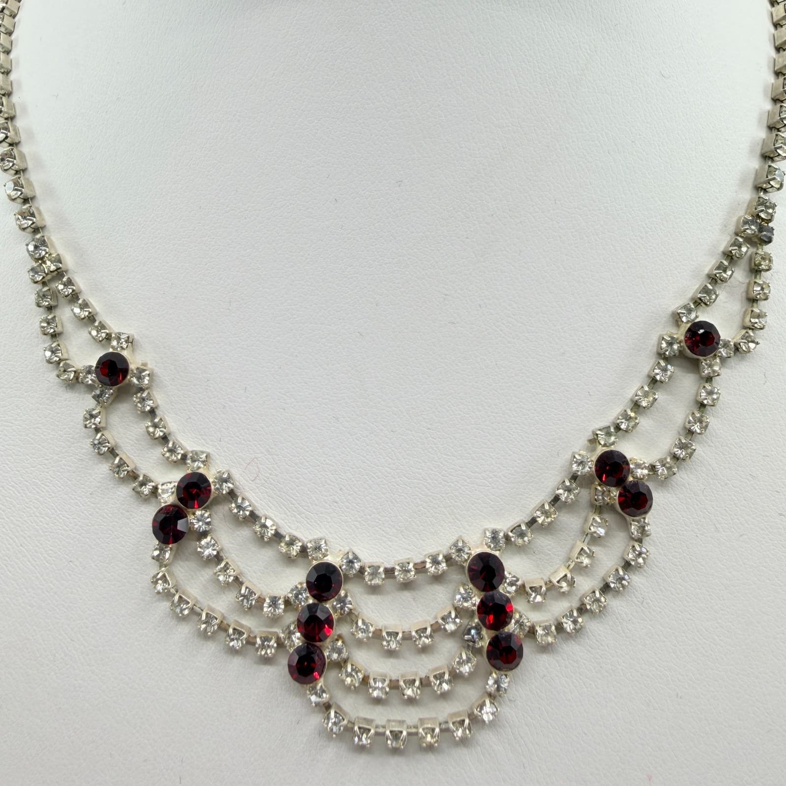 Vintage Red Clear Rhinestone Necklace Silver Tone Bib Tiered Statement Bold Y2K - Thumbnail 2