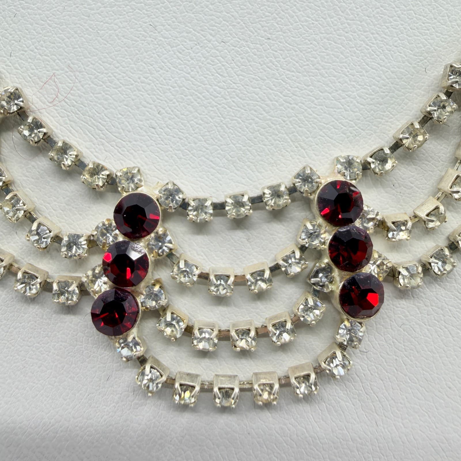 Vintage Red Clear Rhinestone Necklace Silver Tone Bib Tiered Statement Bold Y2K - Thumbnail 3